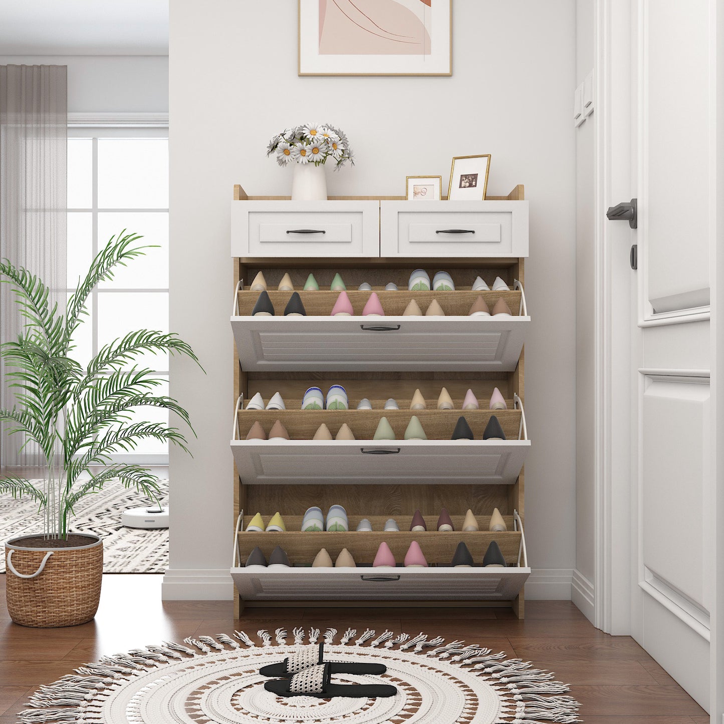 White +Oak Color shoe cabinet  with 3 doors 2 drawers,PVC door with shape ,large space for storage