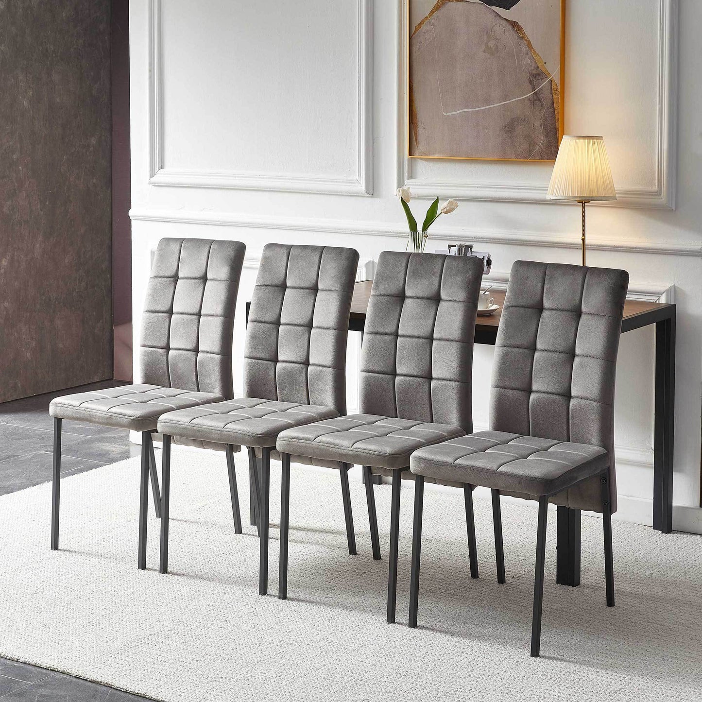 5-Piece Dining Set Including Grey Velvet High Back Nordic Dining Chair & Creative Design MDF Dining Table