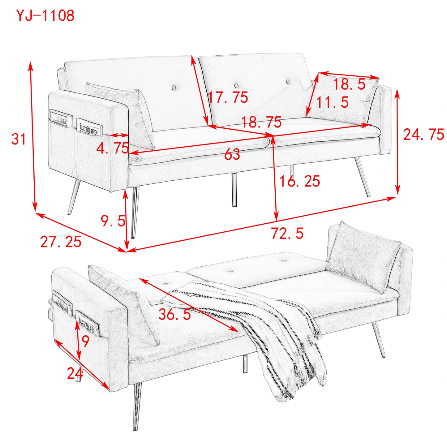 Convertible Velvet Sofa Bed with Adjustable Backrest and Two Pillows