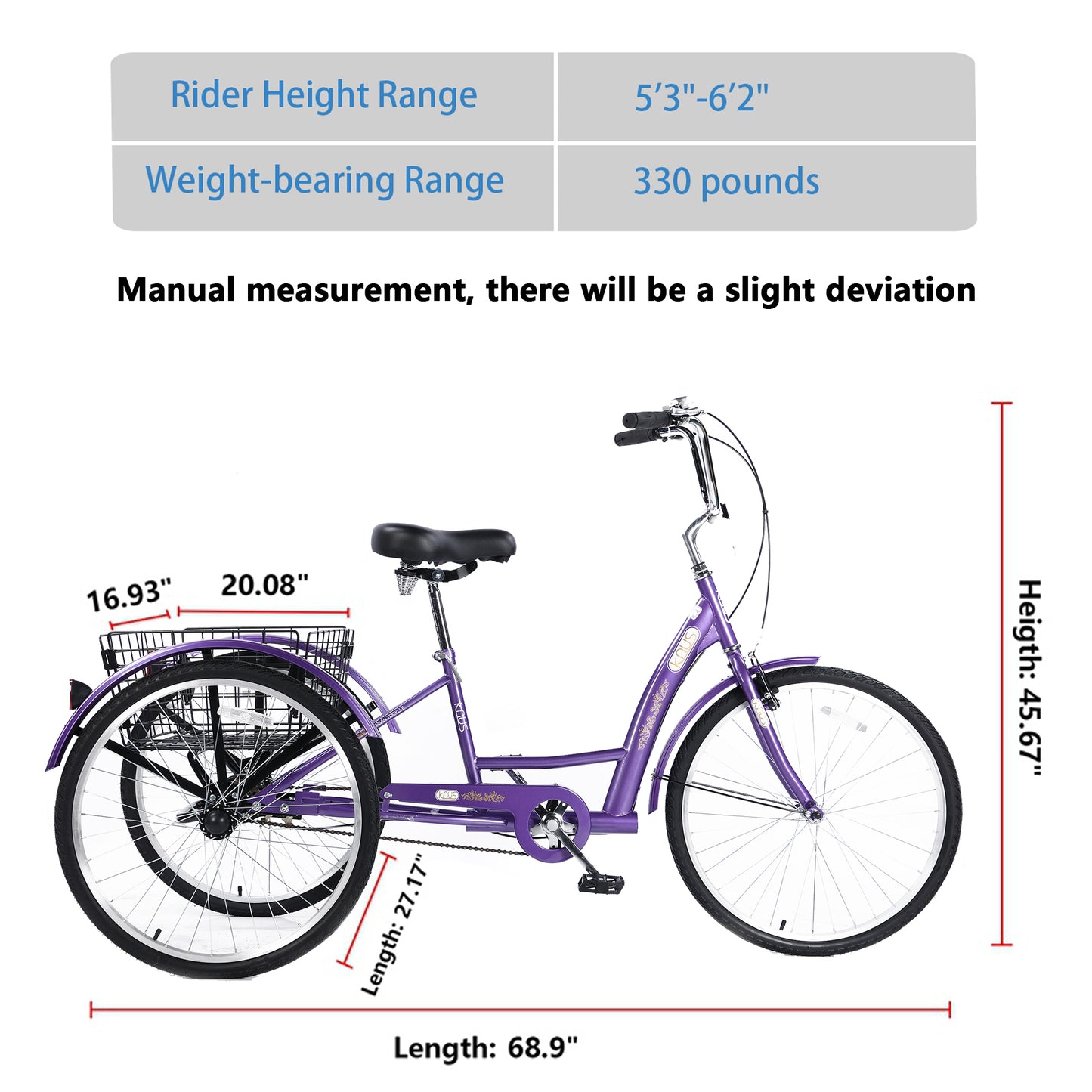 26" European Adult Tricycles 3 Wheel W/Installation Tools with Low Step-Through, Large Basket, Tricycle for Adults, Women, Men