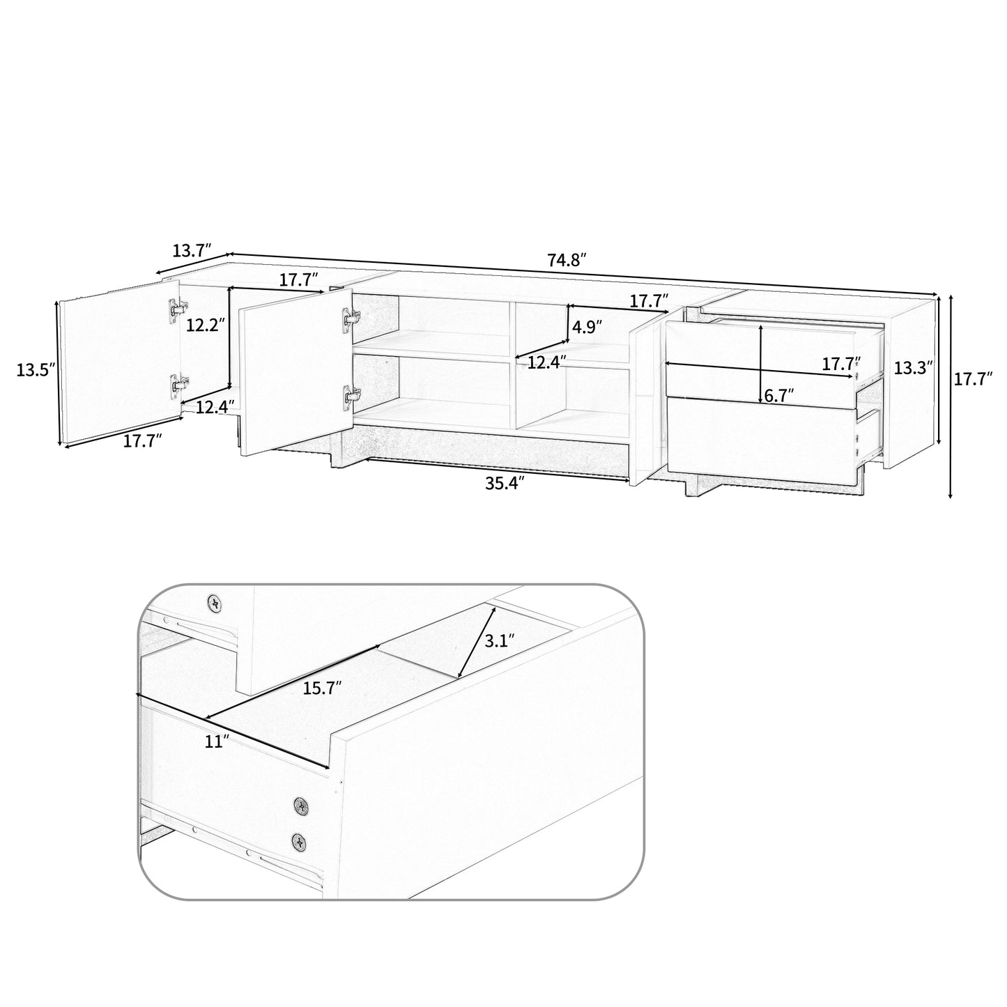 Contemporary High Gloss Black and White TV Stand with Ample Storage for TVs Up To 80