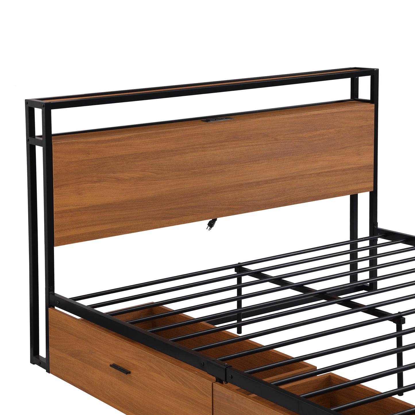 Queen Size Metal Platform Bed Frame with Two Drawers,Sockets and USB Ports ,Slat Support No Box Spring Needed Black