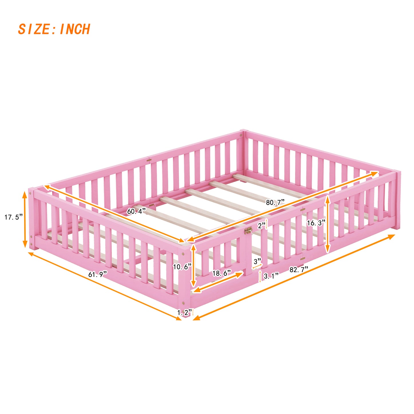 Queen Size Bed Floor Bed with Safety Guardrails and Door for Kids, Pink