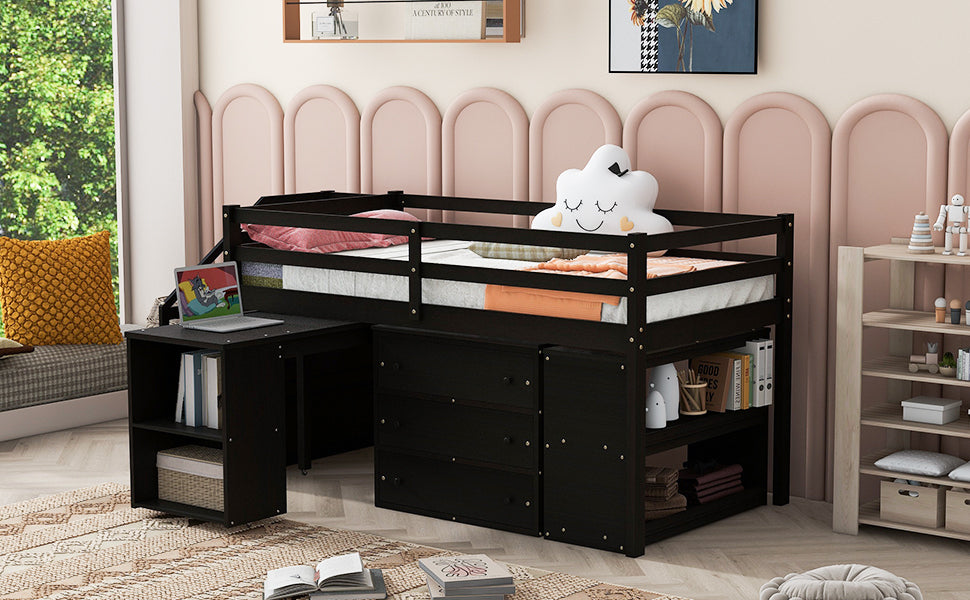 Twin Size Loft Bed with Retractable Writing Desk and 3 Drawers, Wooden Loft Bed with Storage Stairs and Shelves, Espresso