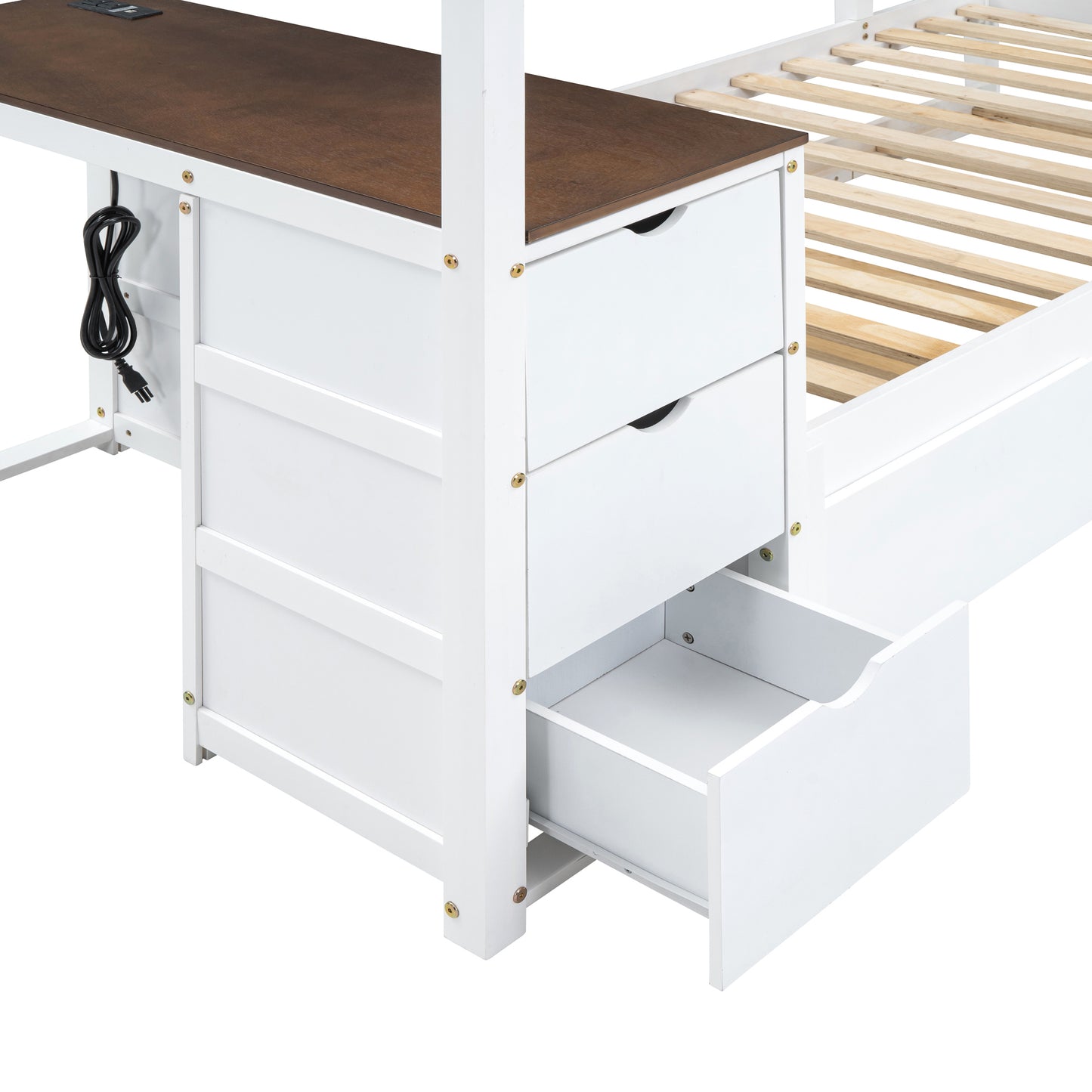 Twin Bunk Bed with Trundle, Storage, Desk, White-Walnut Finish & Maximized Space Storage Solution