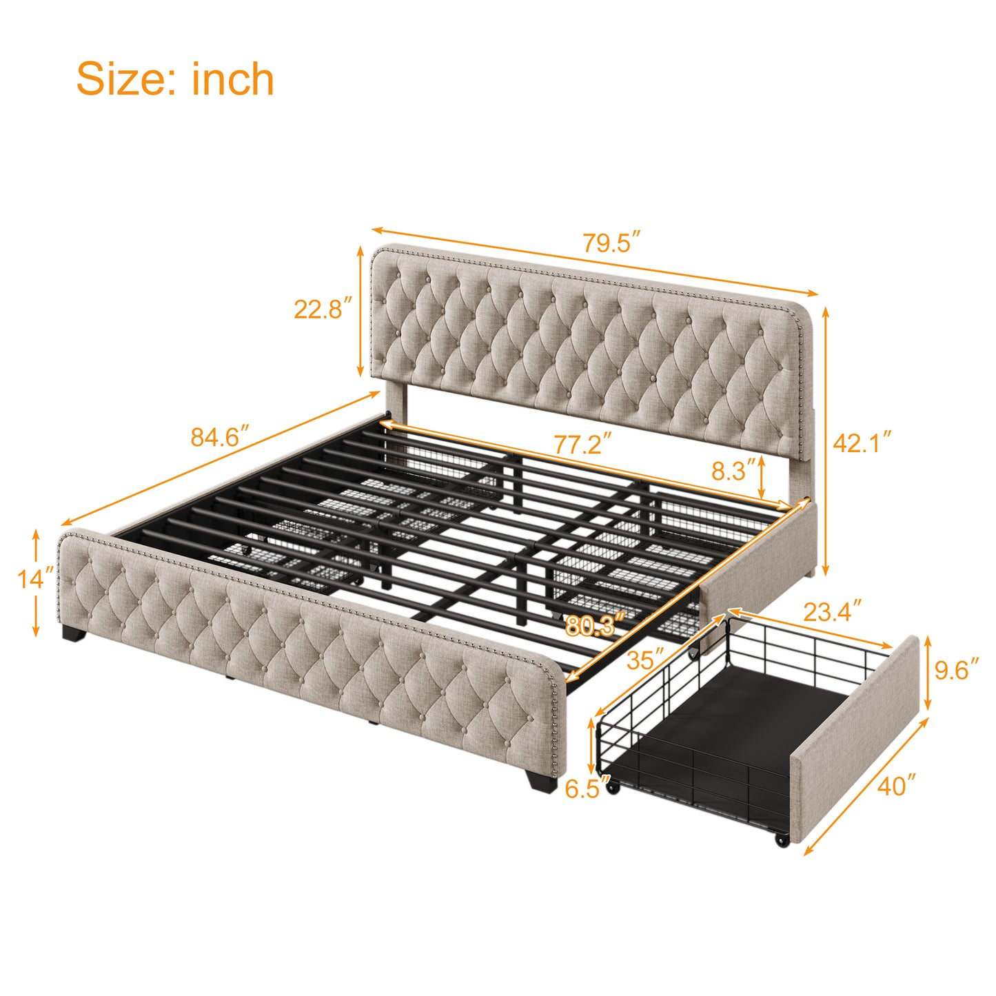 Upholstered Platform Bed Frame with Four Drawers, Button Tufted Headboard and Footboard Sturdy Metal Support, No Box Spring Required, Beige, King (Old sku:BS300277AAA)