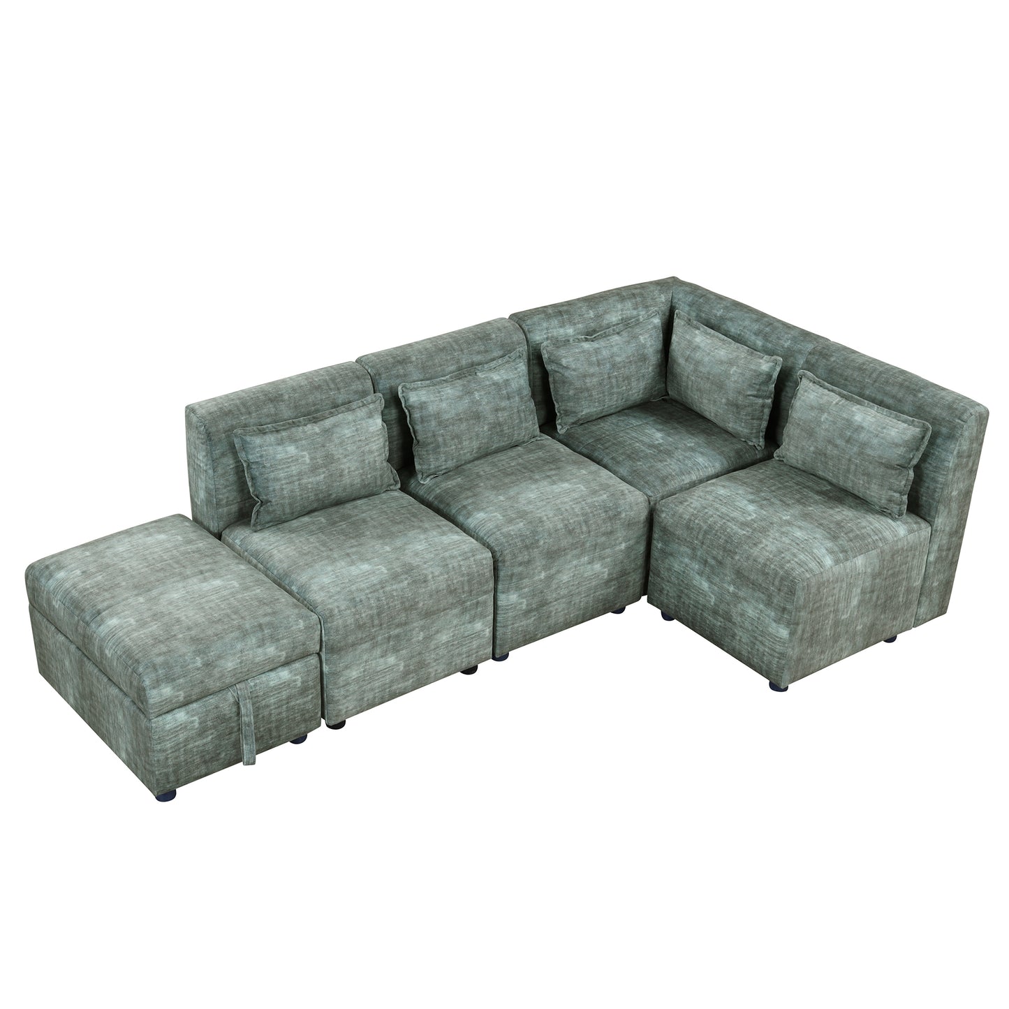 Endless Lounge Creations: Free-Combined Blue-Green Sectional Sofa with Storage Ottoman and 5 Pillows