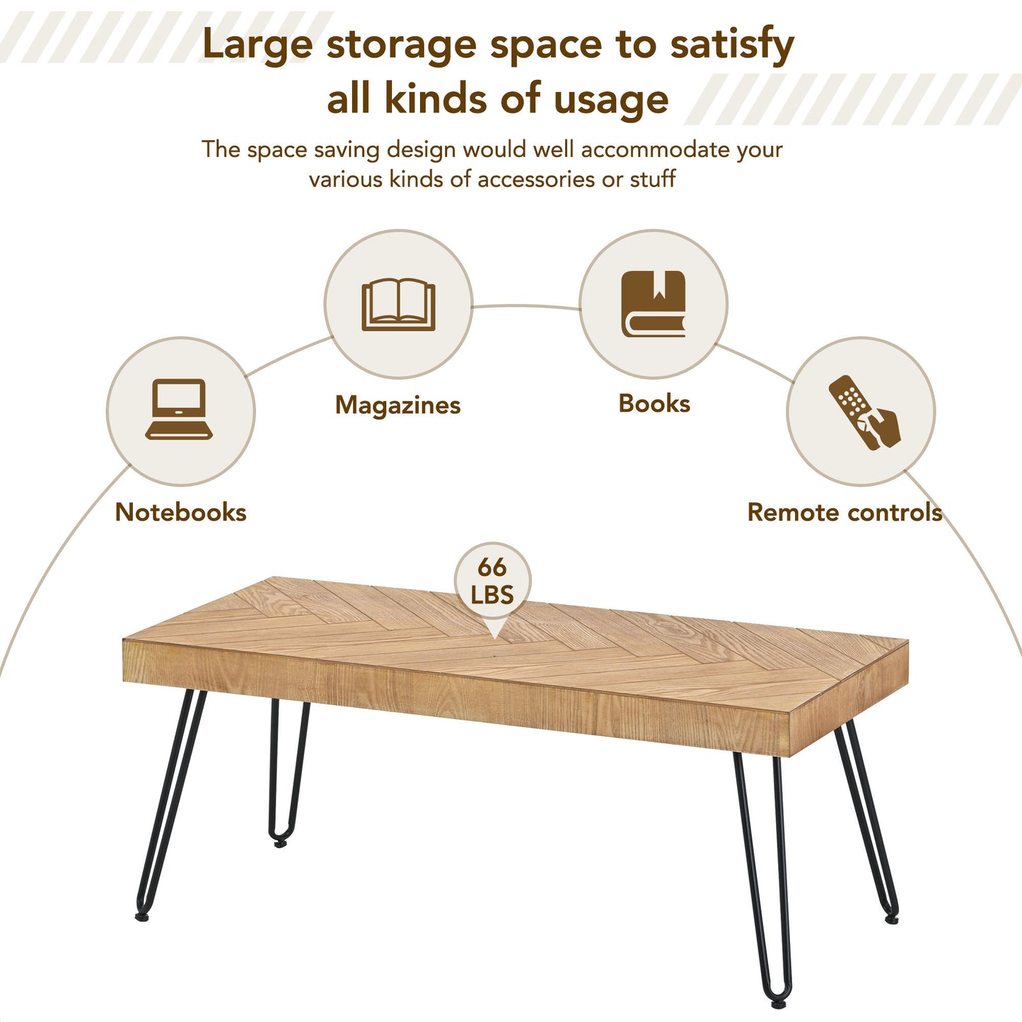 Stylish Ash Wood Coffee Table with Metal Hairpin Legs