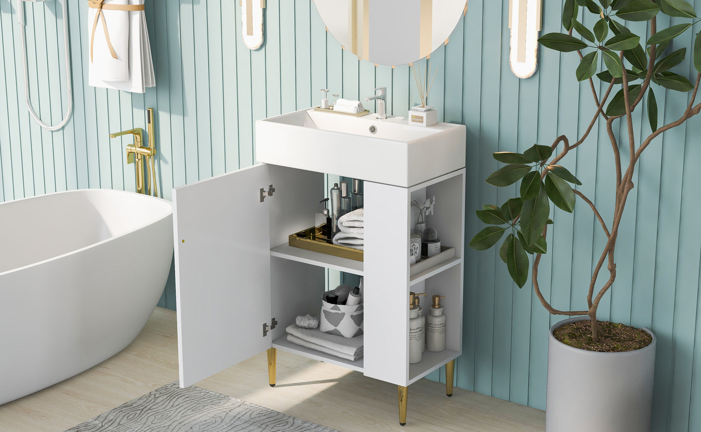 21.6" white Bathroom vanity, Combo Cabinet, Bathroom Storage Cabinet, Single Ceramic Sink, Right side storage