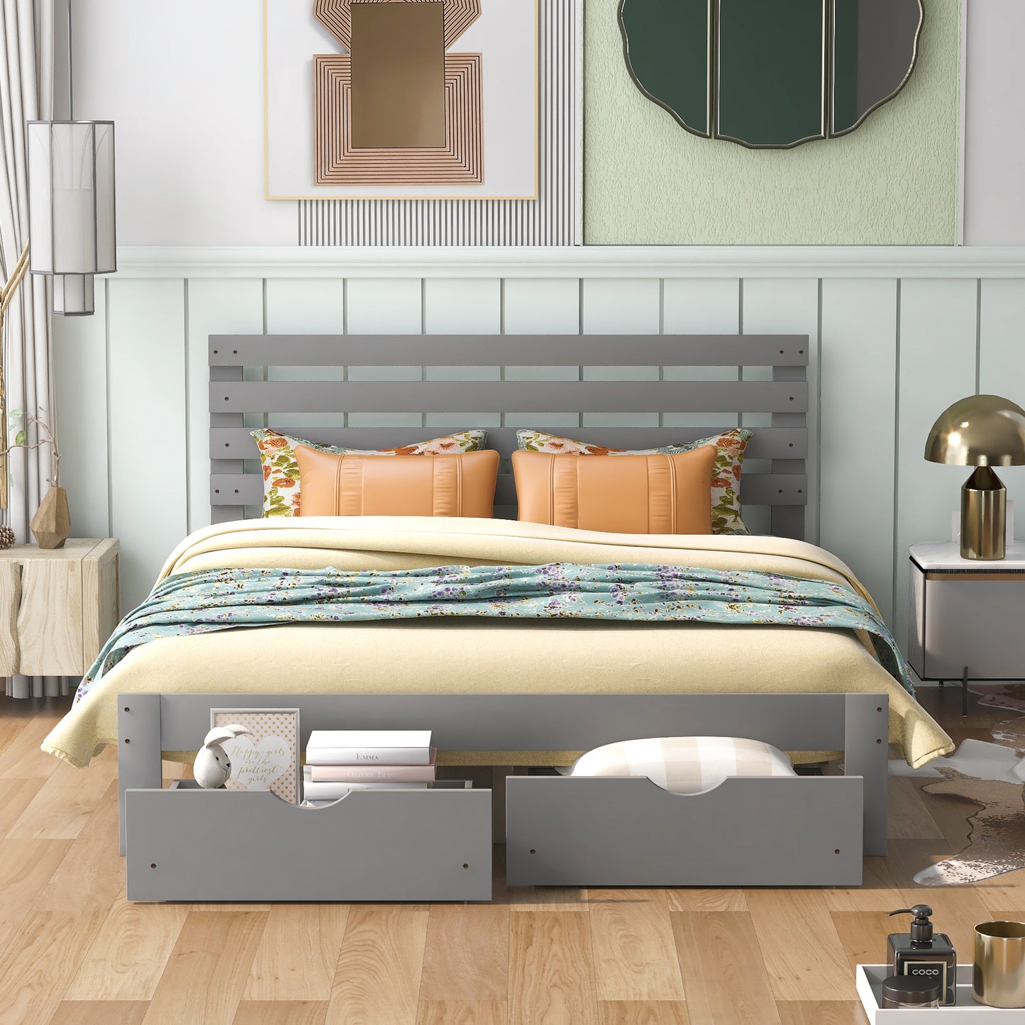 Queen Size Platform Bed with Drawers, Gray(New SKU:WF288469AAE)