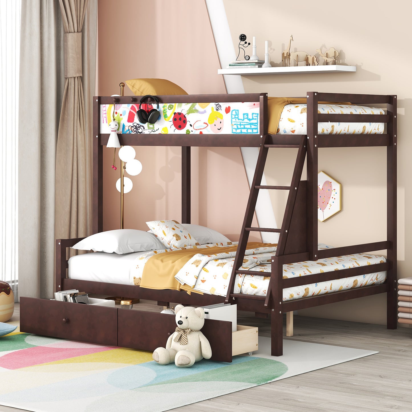 Espresso Twin over Full Bunk Bed with Whiteboard, Storage, and Safety Features