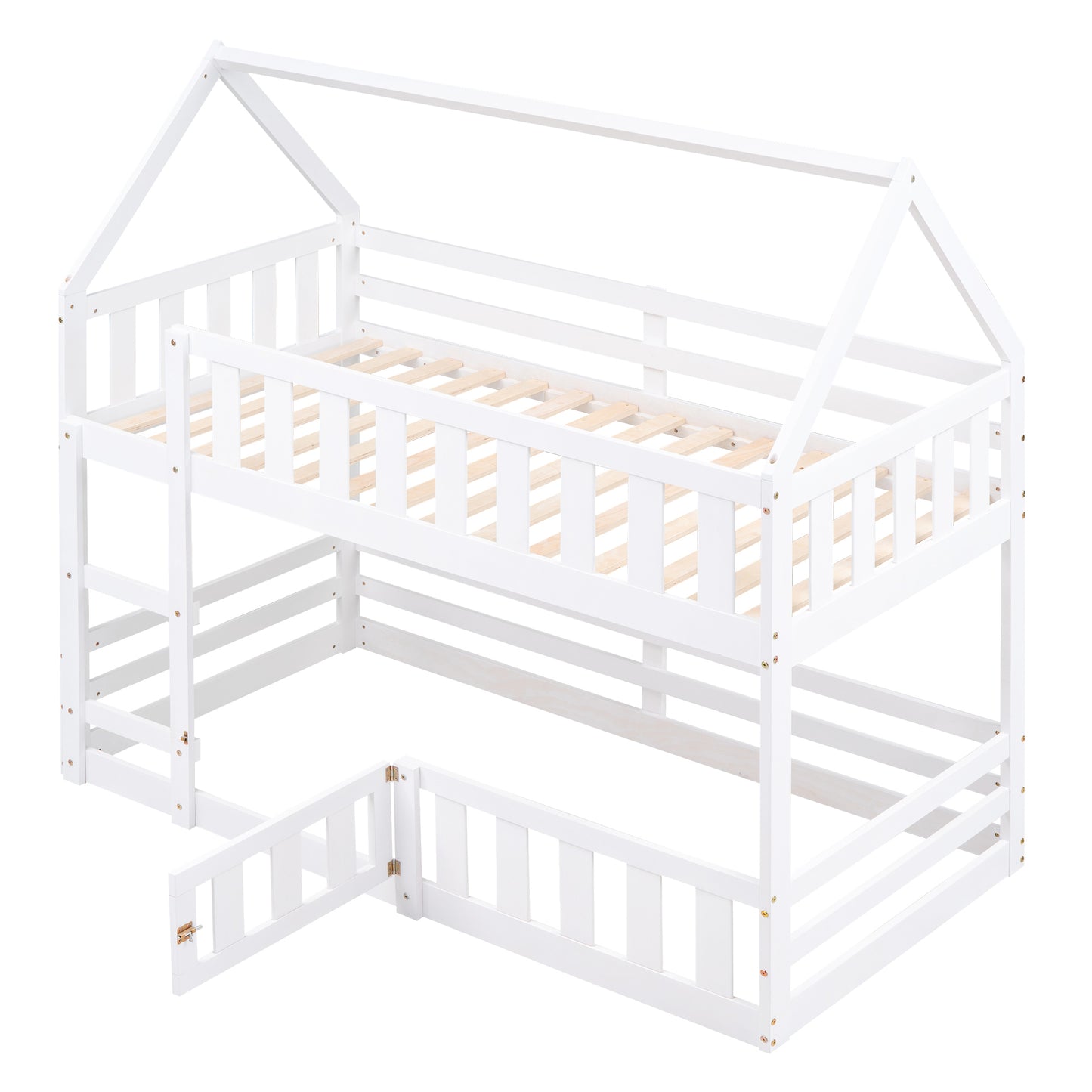 Enchanted White Twin over Twin House Bunk Bed with Playful Fence and Entryway