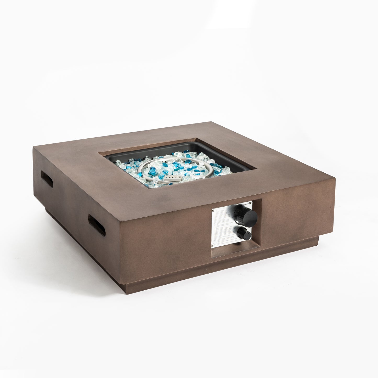 Outdoor Brown Concrete Propane Fire Pit Table with Glass Rocks