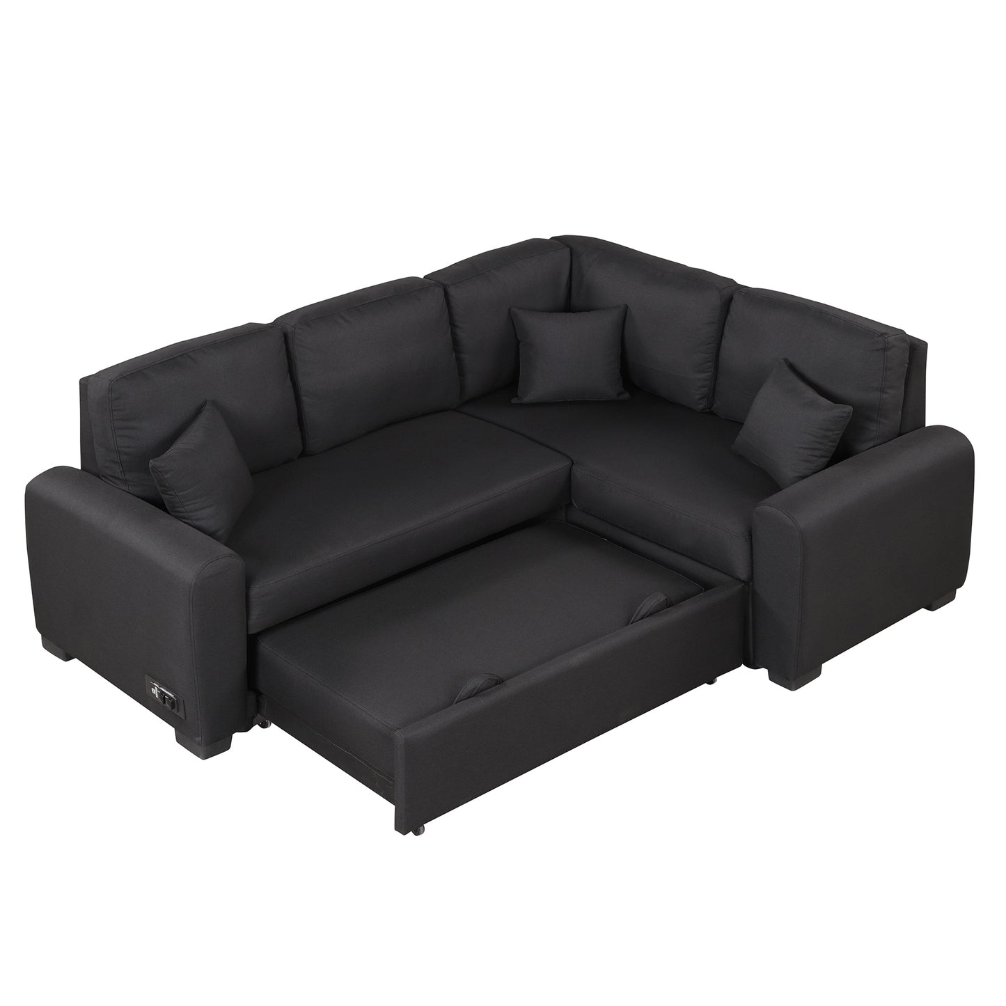 Sleeper Sectional Sofa with USB Charging Port and Plug Outlet, Pull-Out Bed with 3 Pillows, L-Shape Chaise for Small Living Spaces, Black