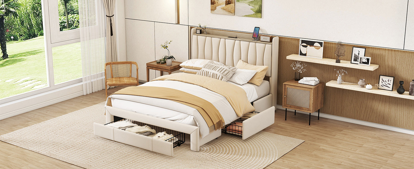 Queen Size Bed Frame with Storage Headboard and Charging Station, Upholstered Platform Bed with 3 Drawers, No Box Spring Needed, Beige