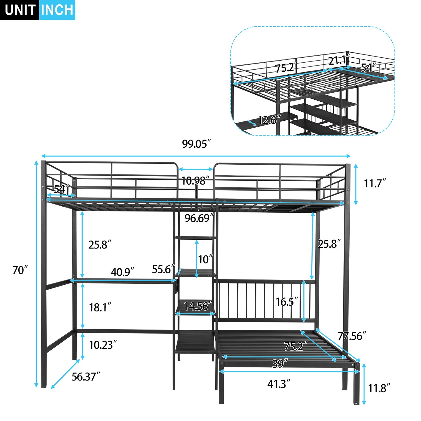 Black Metal Bunk Bed with Desk, Shelves, and Ladder