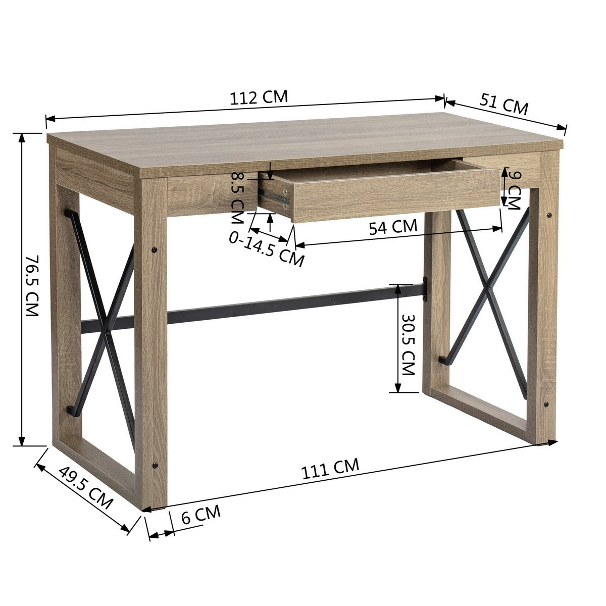 Sturdy Industrial Computer Desk with Drawer - Natural Wood Finish, 44.1 x 20.1 x 30.1