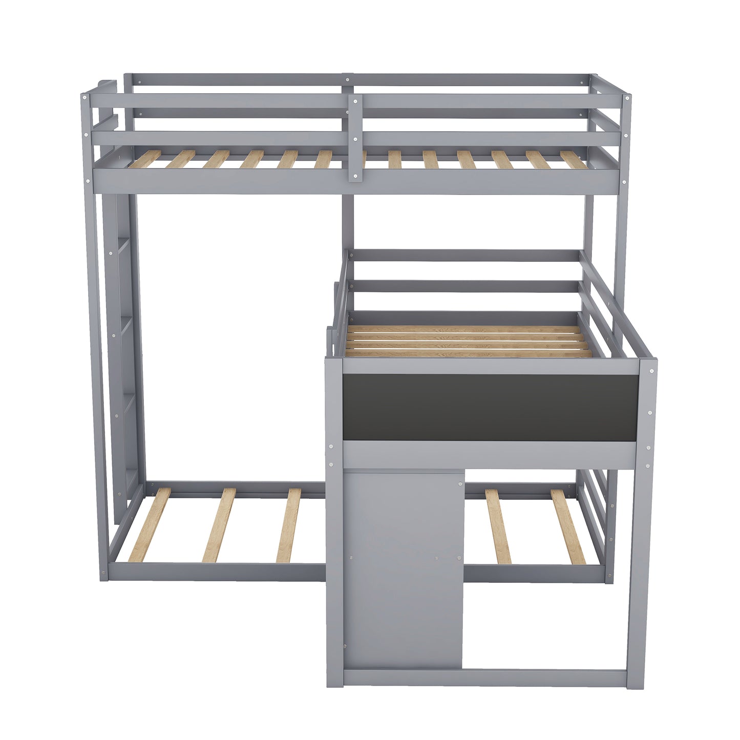 Gray L-shaped Triple Bunk Bed with Storage and Blackboard