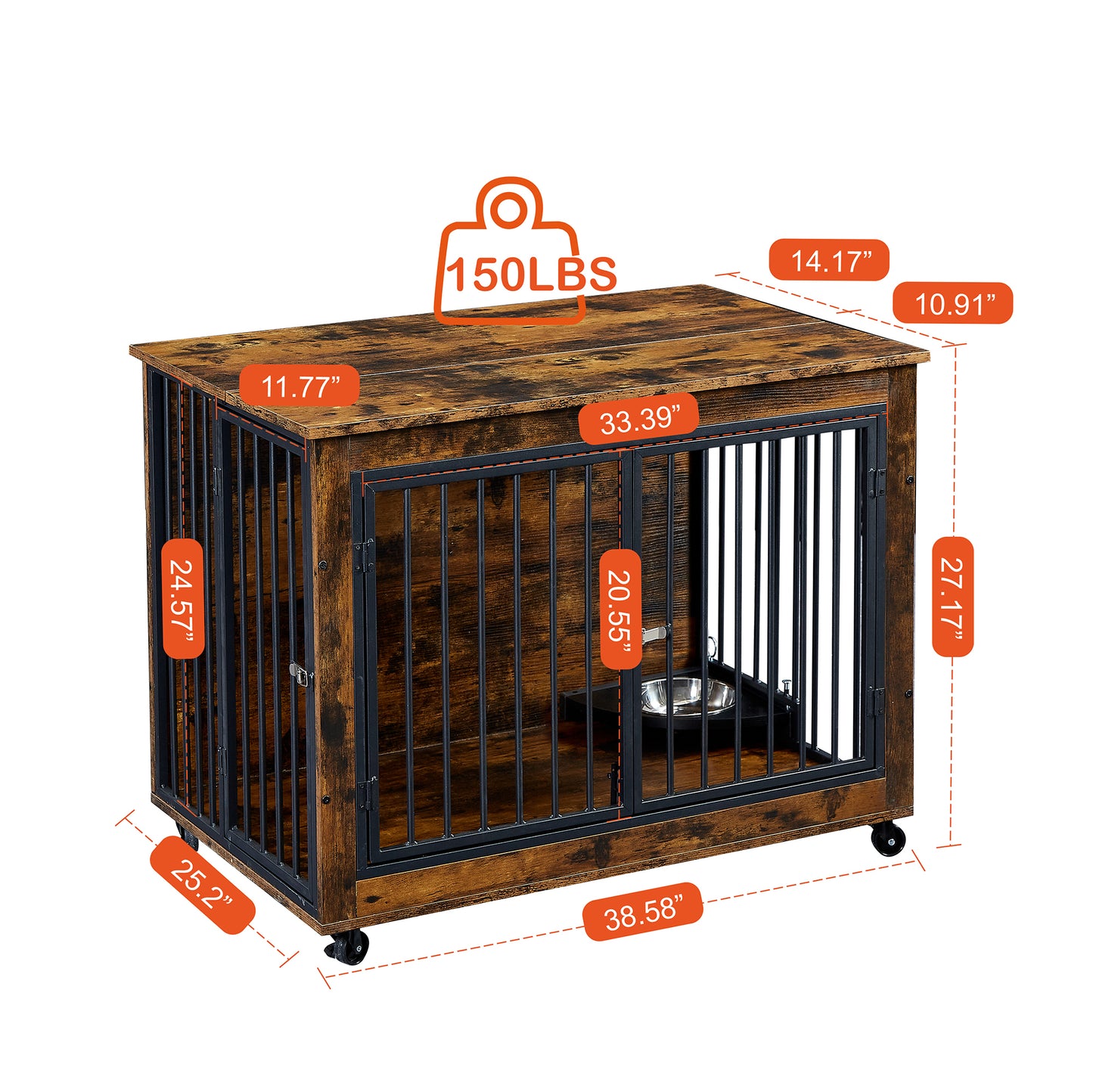 Furniture Style Dog Crate Side Table With Rotatable Feeding Bowl, Wheels, Three Doors, Flip-Up Top Opening. Indoor, Rustic Brown, 38.58"W x 25.2"D x 27.17"H