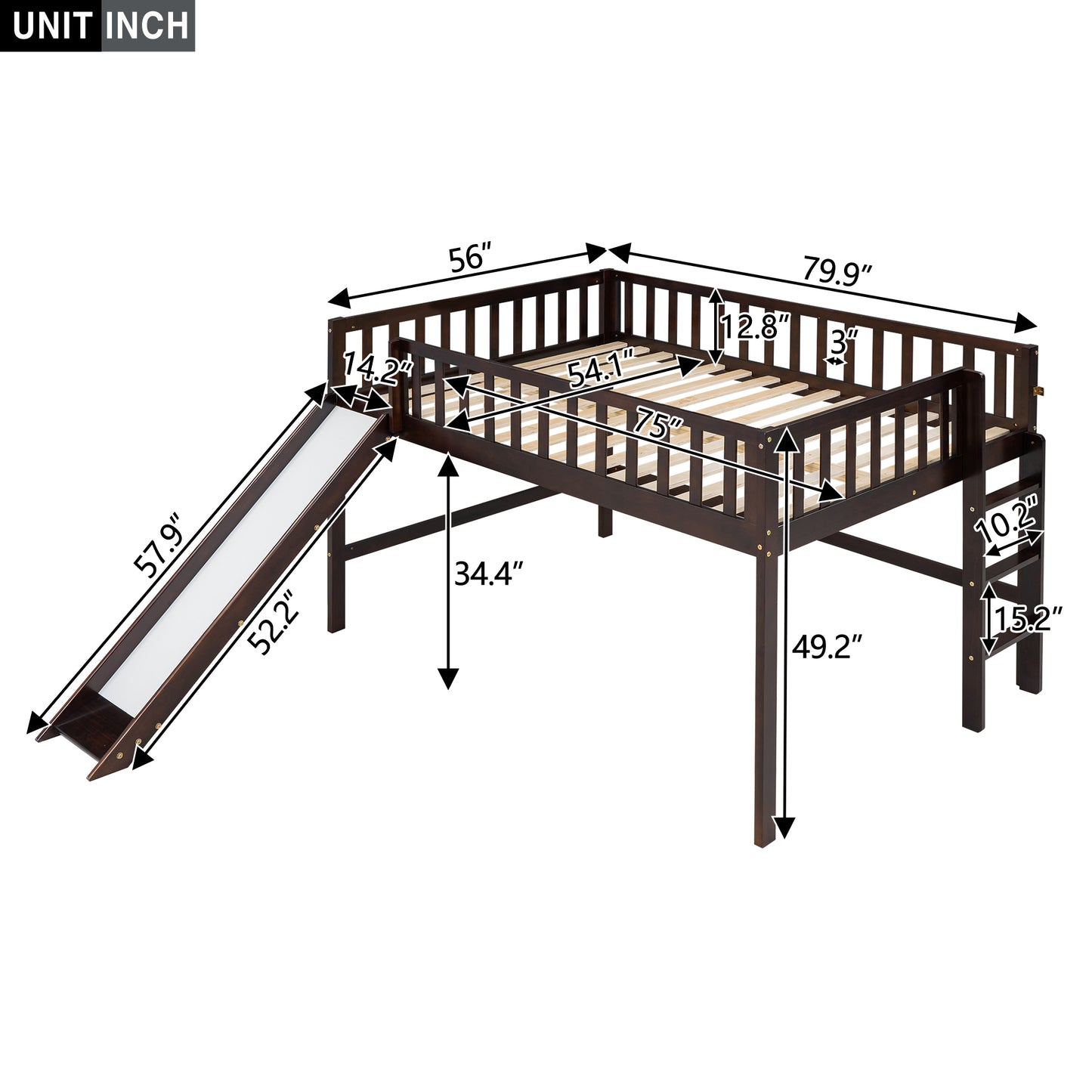 Full Size Low Loft Bed with Ladder and Slide,Espresso