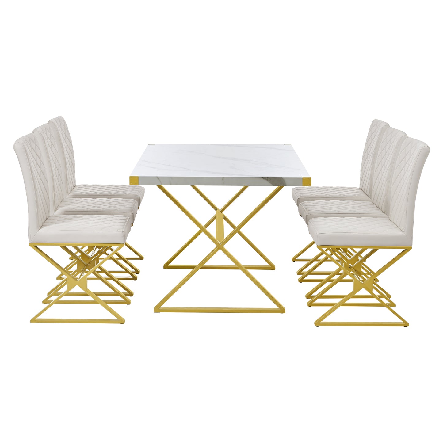 TREXM 7-Piece Modern Dining Table Set, Rectangular Marble Texture Kitchen Table and 6 PU leather Chairs with X-Shaped Gold Steel Pipe Legs for Dining Room (White)