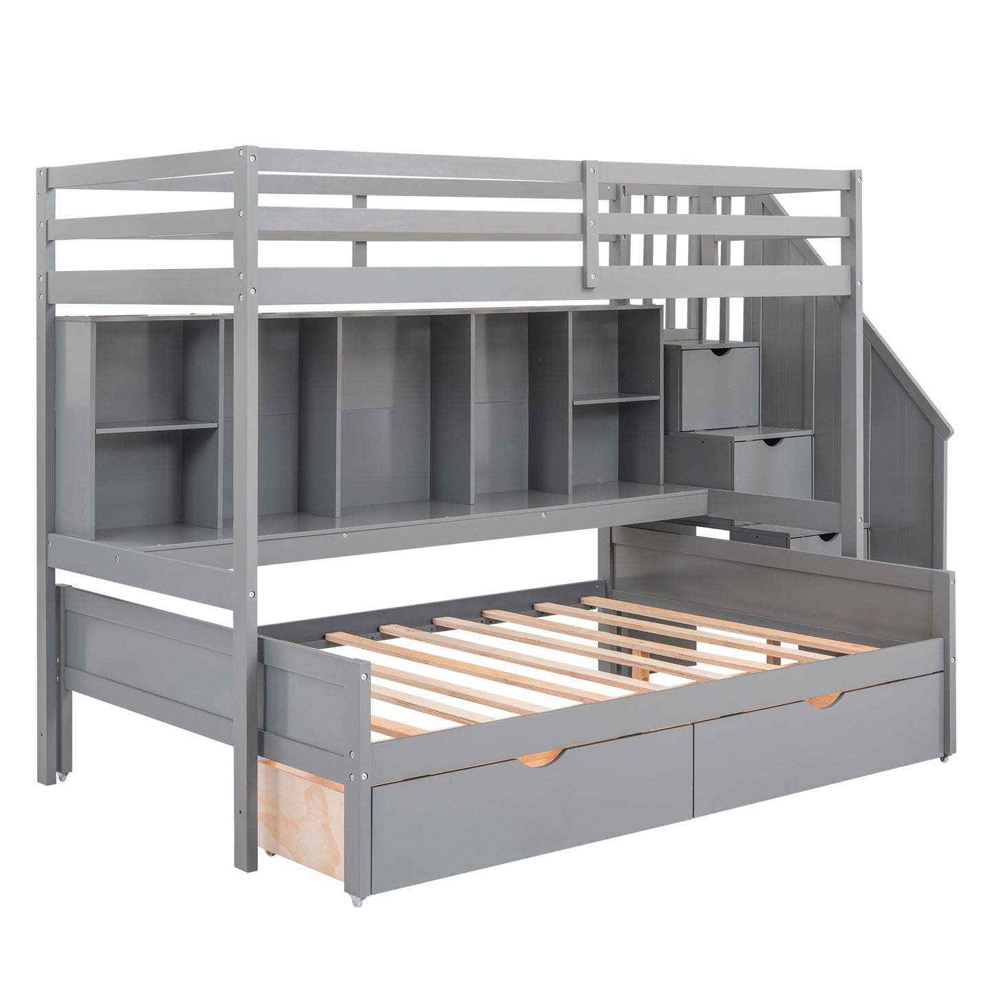 Gray Twin XL over Full Bunk Bed with Study Desk and Storage Solution