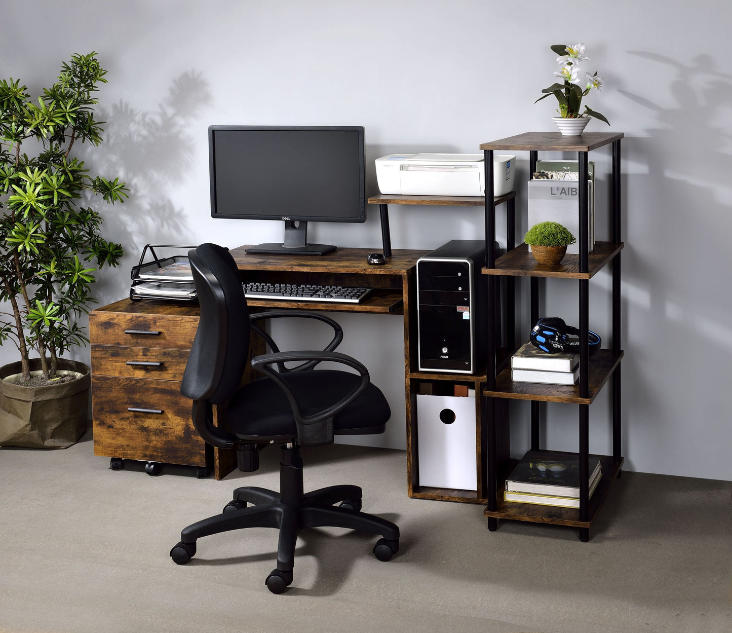 Lyphre Rustic Oak and Metal Computer Desk with Industrial Style Finish