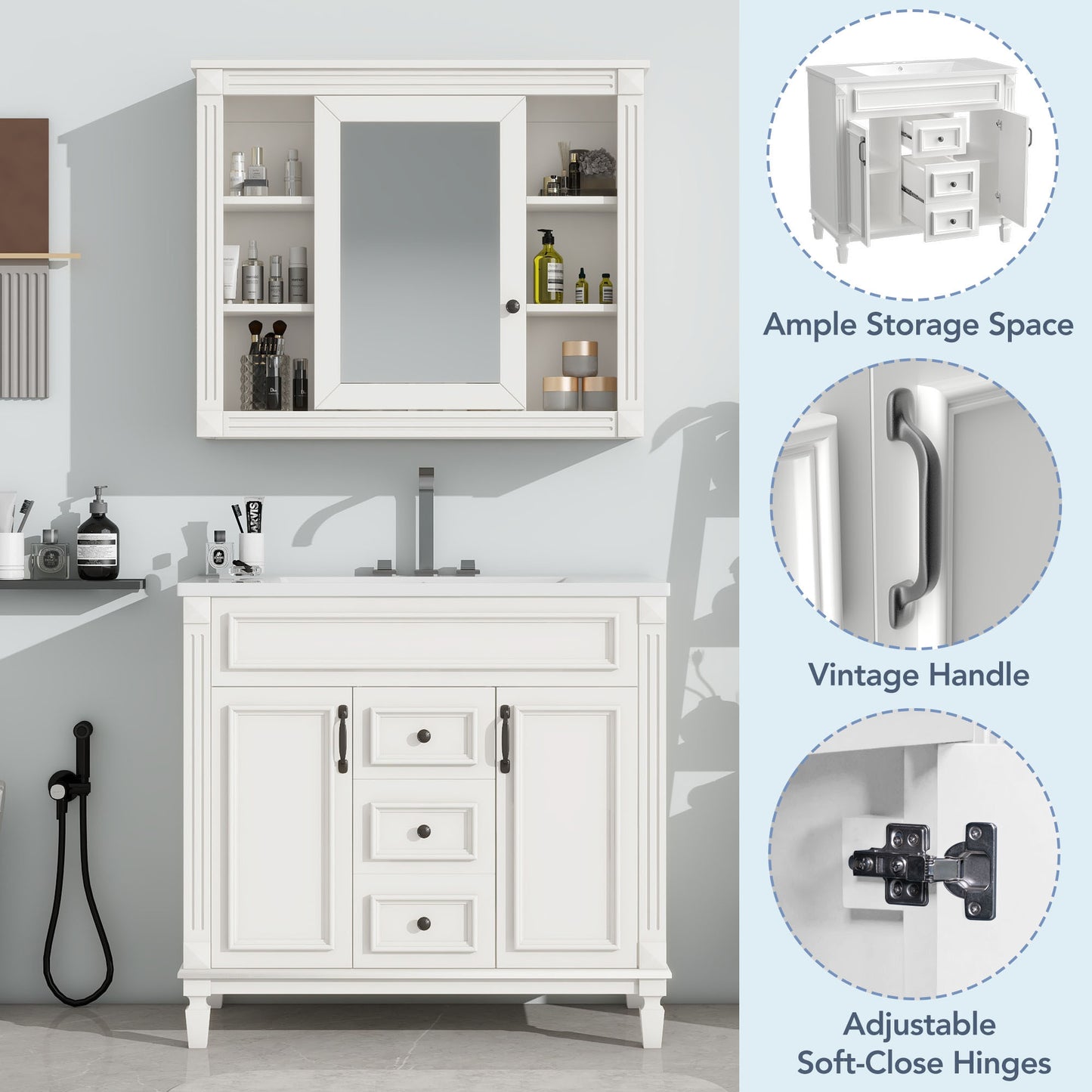 36'' Bathroom Vanity with Top Sink, White Mirror Cabinet, Modern Bathroom Storage Cabinet with 2 Soft Closing Doors and 2 Drawers, Single Sink Bathroom Vanity