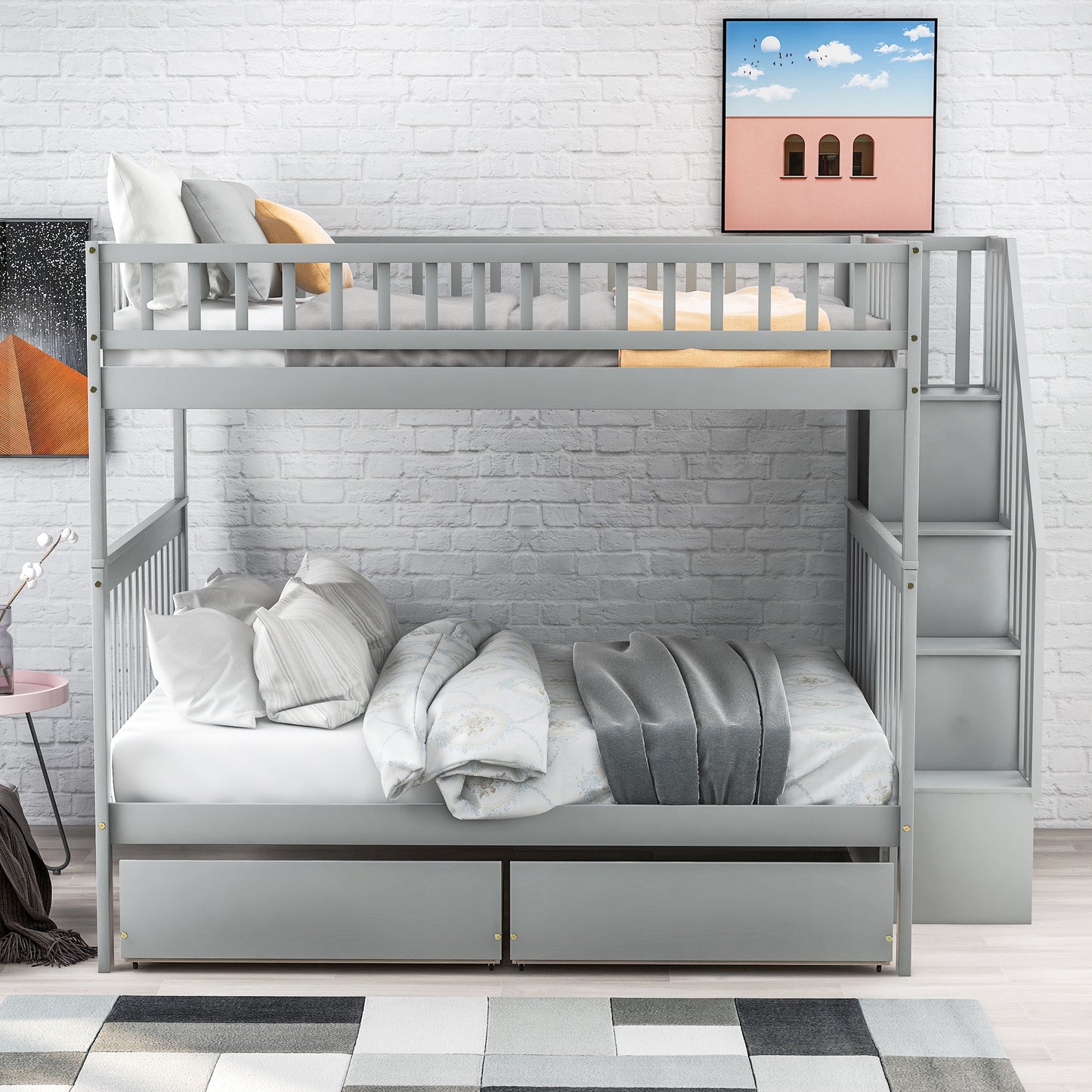 Gray Full over Full Bunk Bed with Storage Drawers and Ample Space