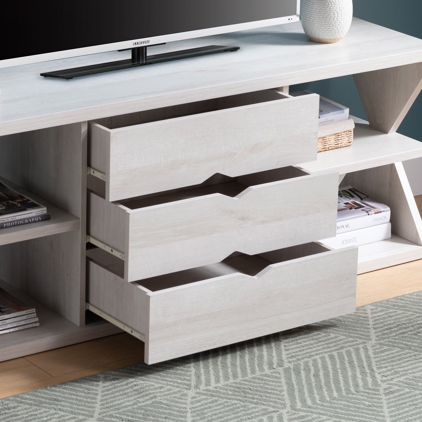 White Oak Entertainment Center with Drawers and Shelves