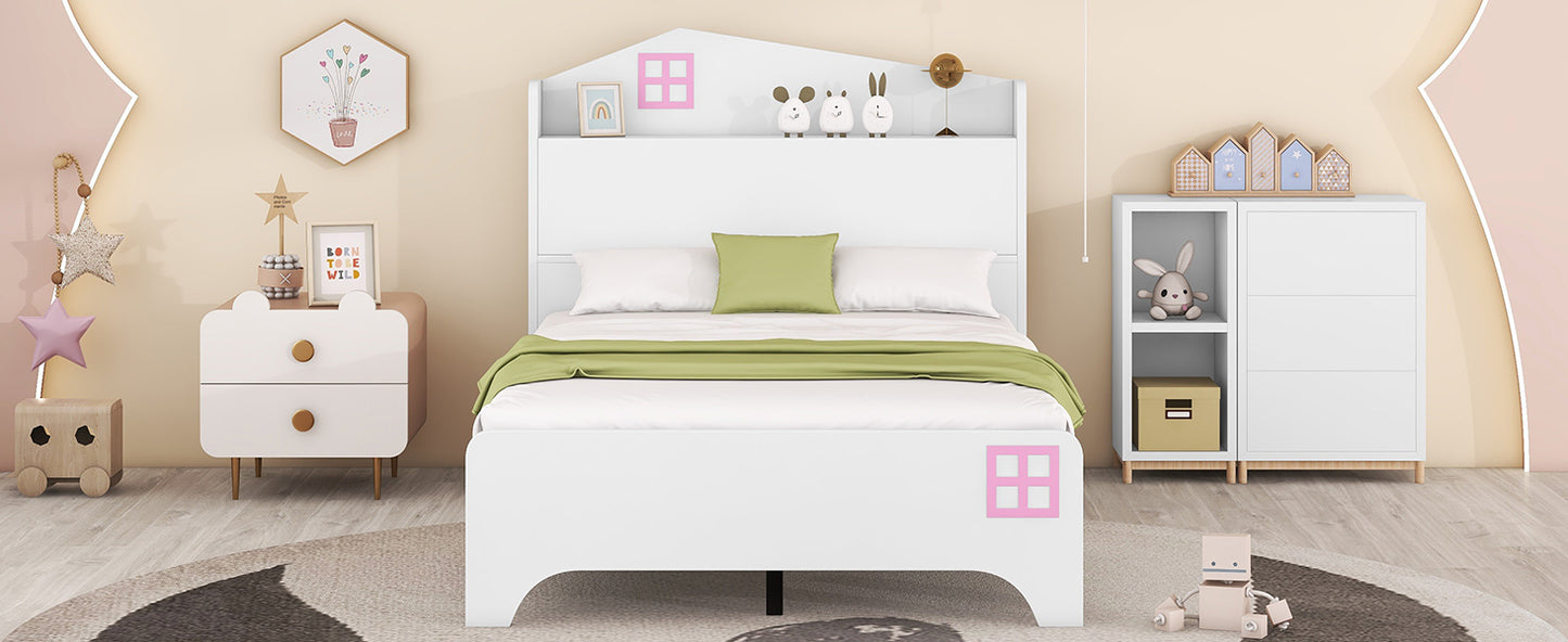 Wooden Twin Size House Bed with Storage Headboard ,Kids Bed with Storage Shelf, White