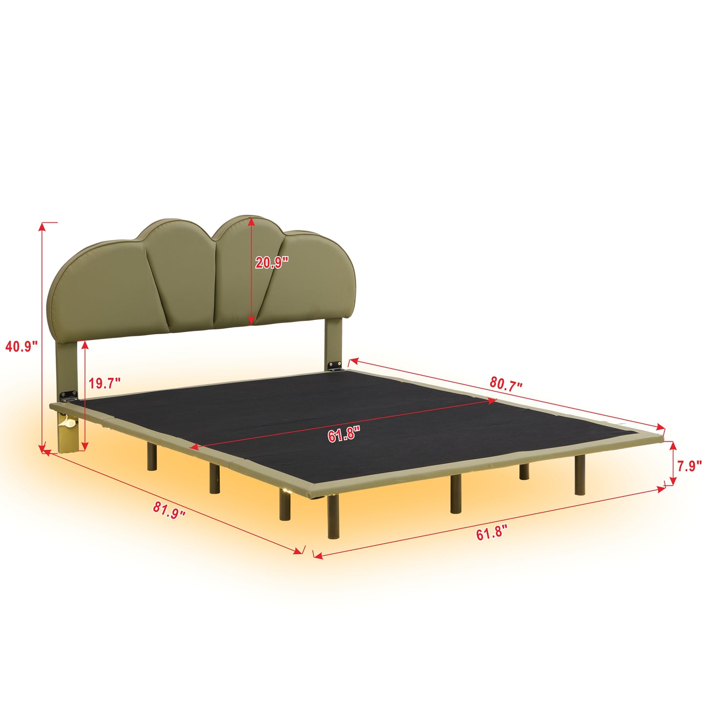 Queen Size Upholstery LED Floating Bed with PU Leather Headboard and Support Legs,Green