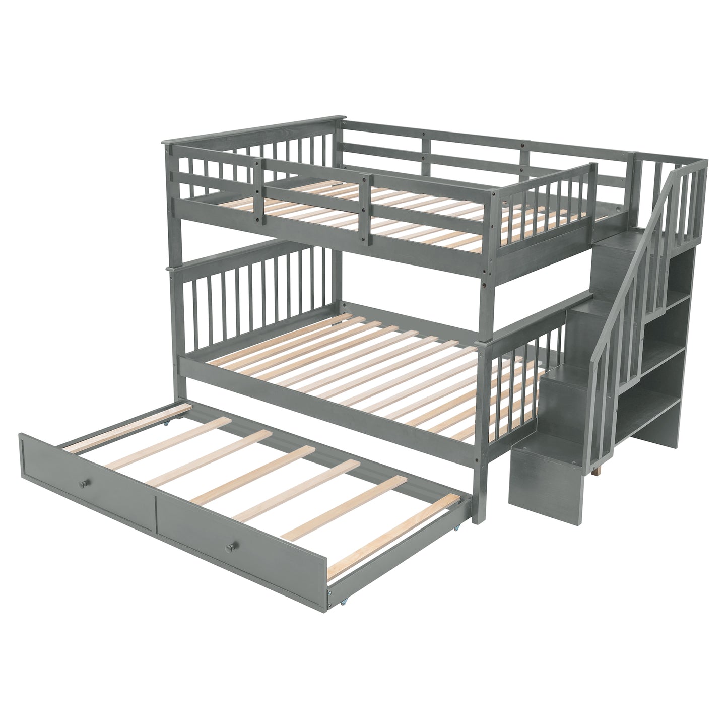 Gray Full-Over-Full Bunk Bed with Twin Trundle and Storage System