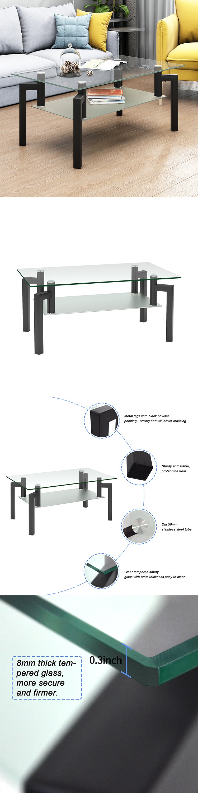 Modern Black Glass Coffee Table with Double Layer Storage