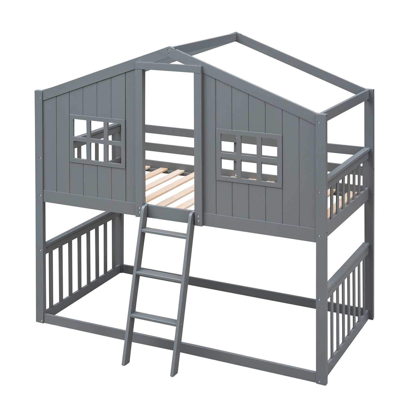 Twin House Bunk Bed with Gray Wood Finish and Ladder