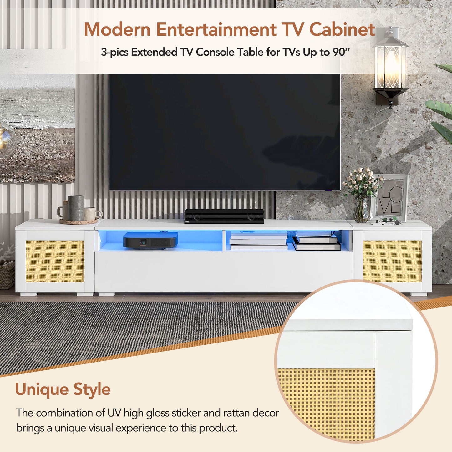 Modern White LED Entertainment Center with Rattan Style Accents and Color Changing Lights