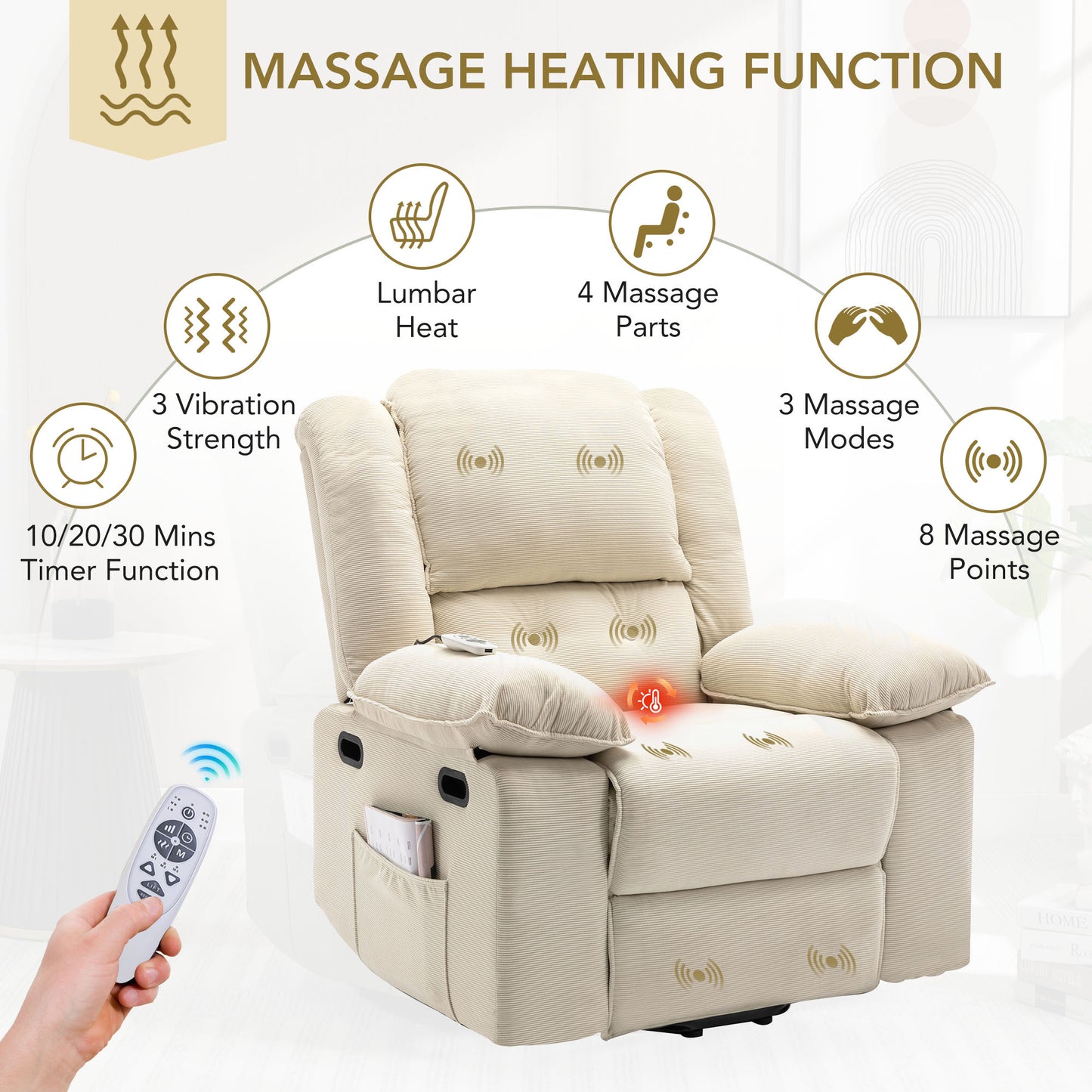 Adjustable Massage and Heating Power Lift Recliner Chair with Side Pocket