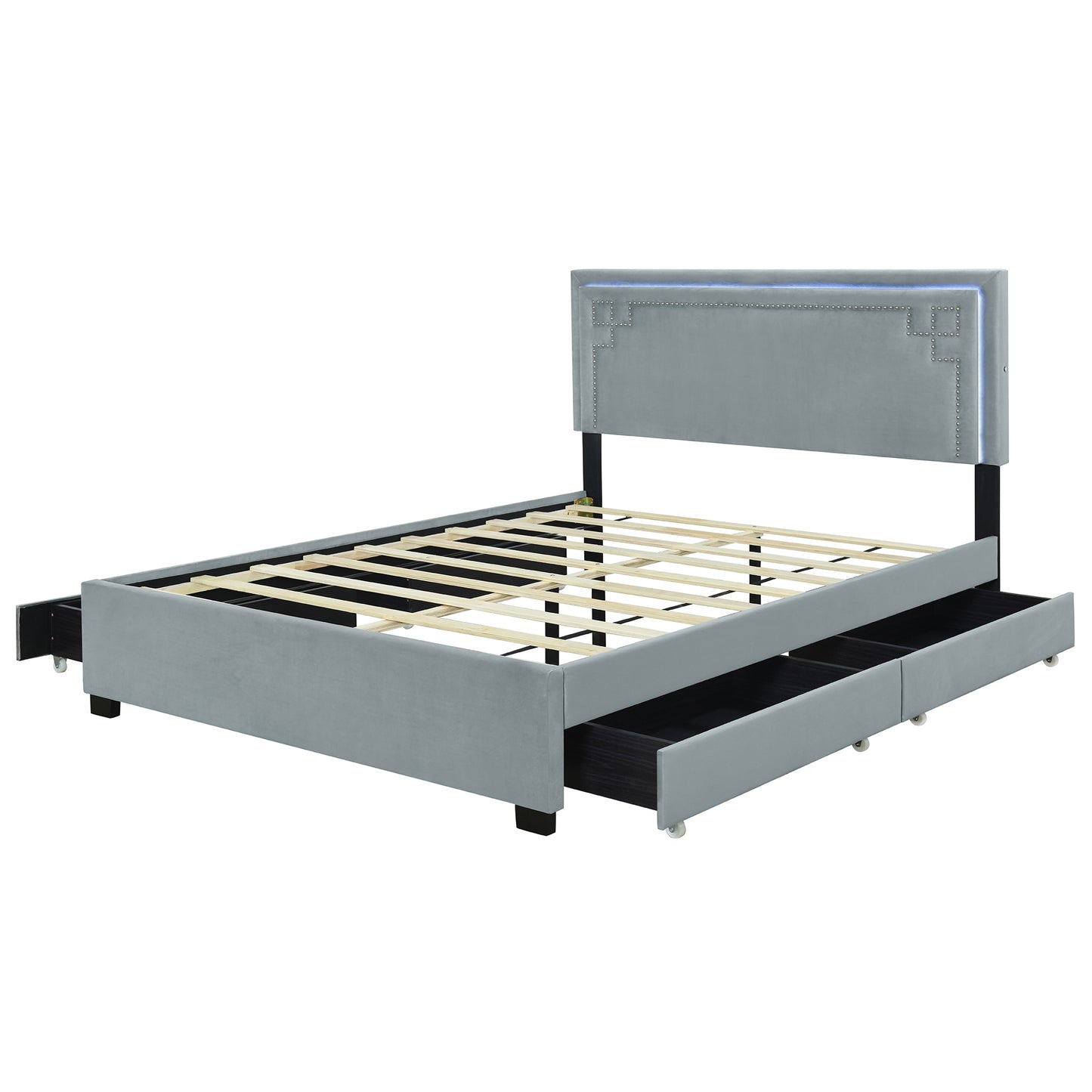 Queen Size Upholstered Platform Bed with Rivet-decorated Headboard, LED bed frame and 4 Drawers, Gray