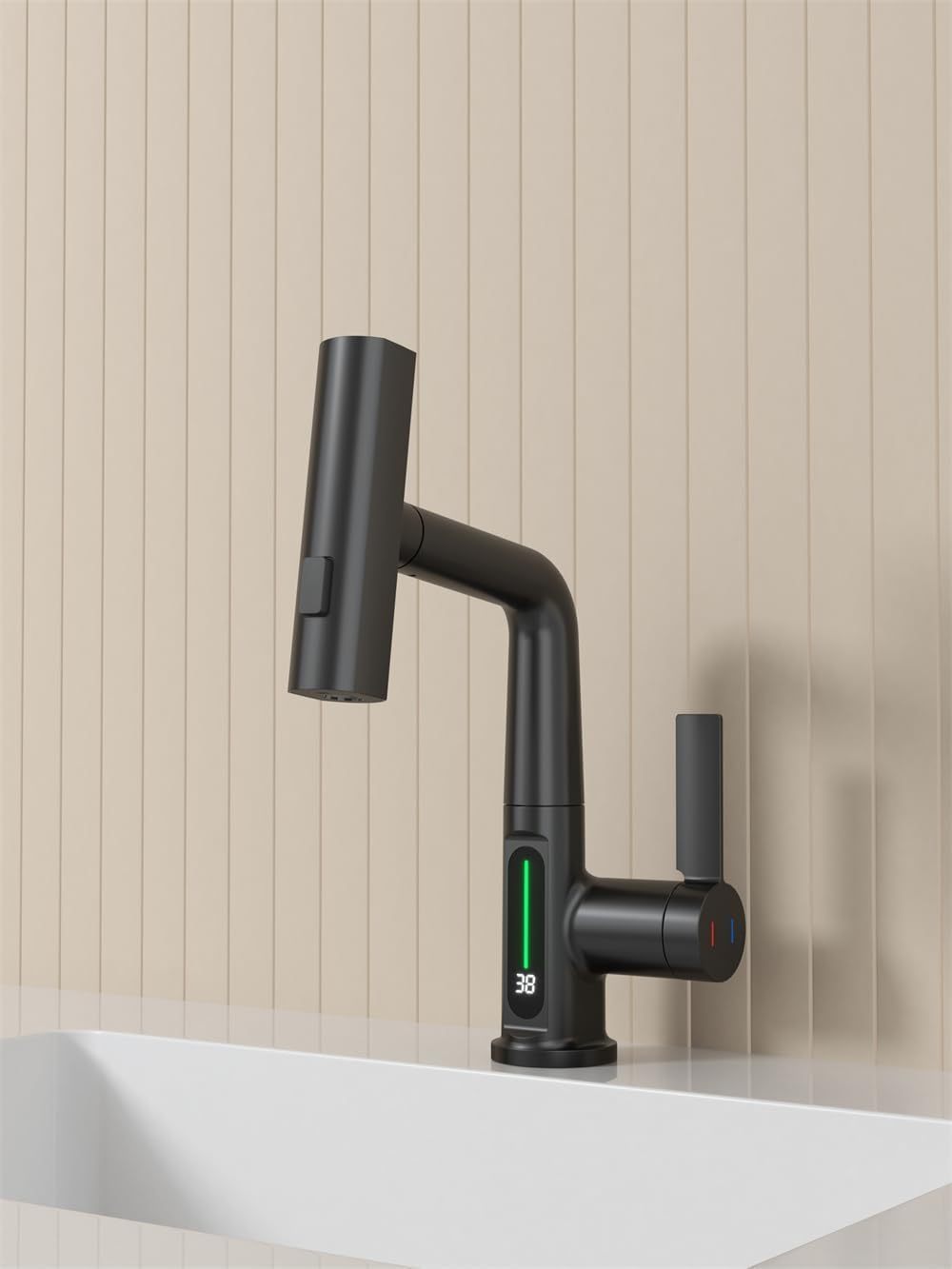 Matte Black LED Temperature Display Bathroom Basin Faucet with Pull-Out Lift Feature