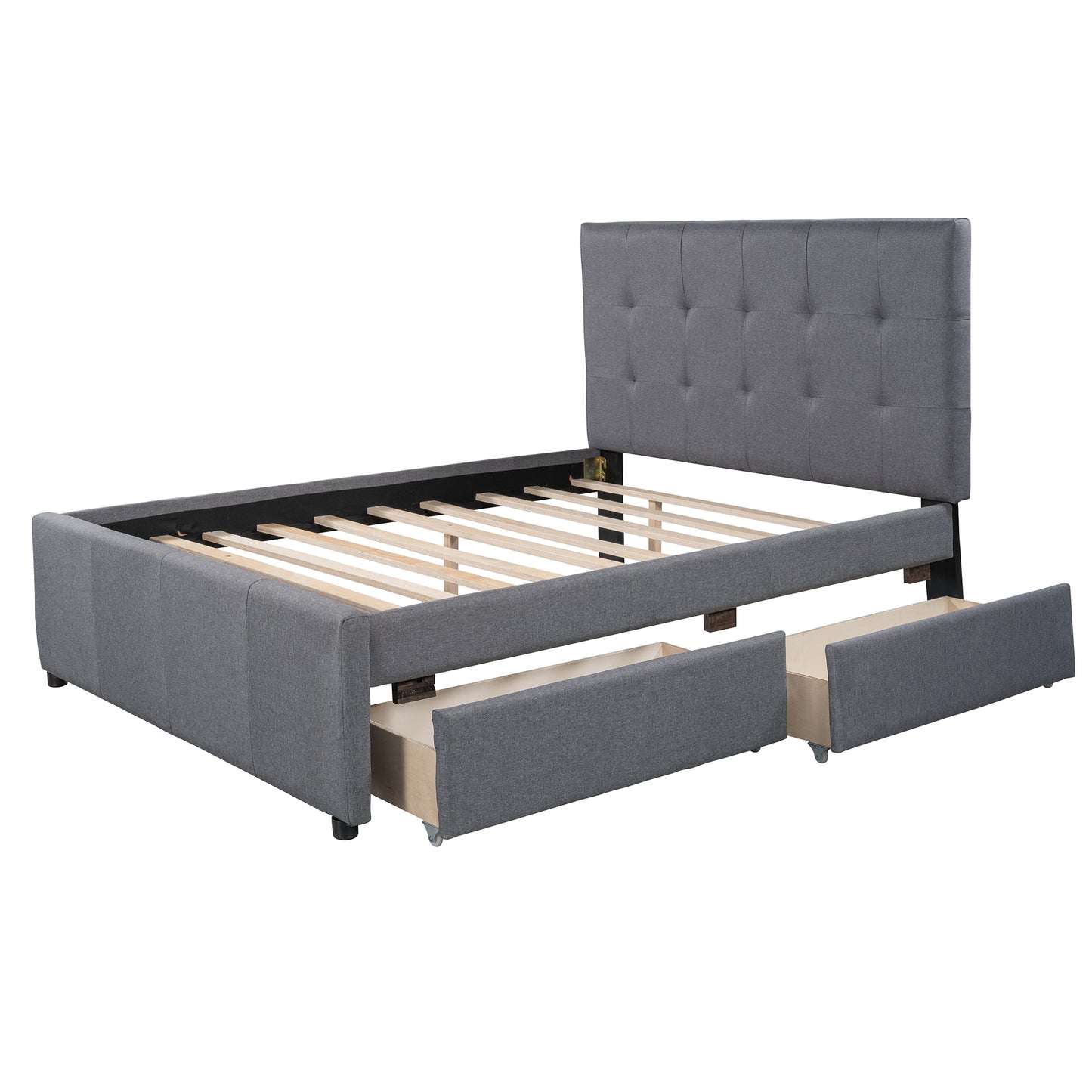 Linen Upholstered Platform Bed With Headboard and Two Drawers, Full