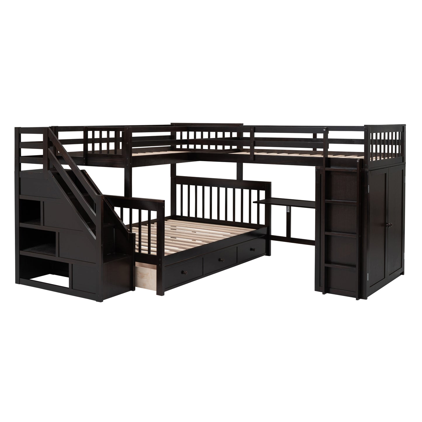 Espresso L-Shaped Bunk Bed with Storage Drawers, Desk, Wardrobe and Maximized Space