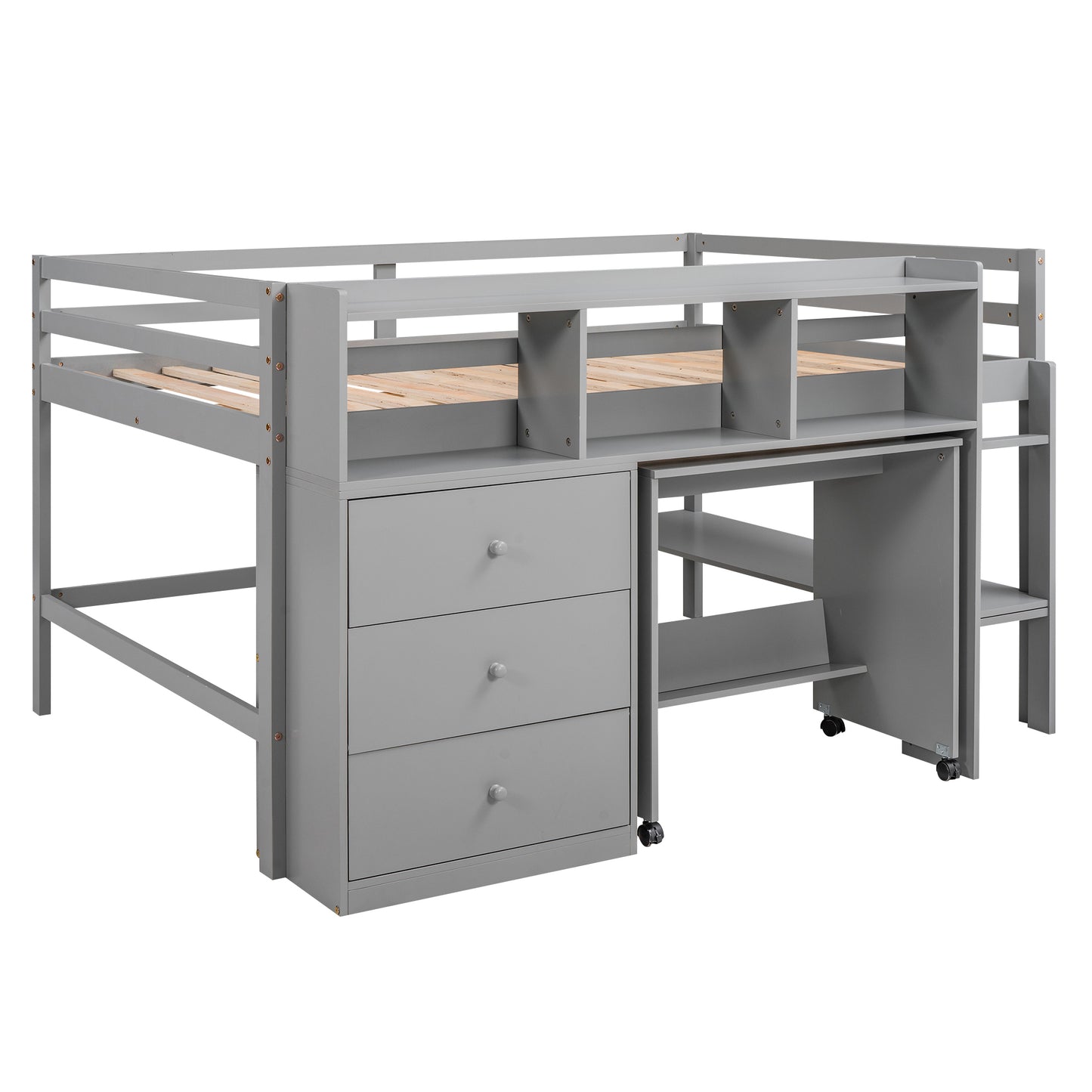 Full Size Low Loft Bed with Rolling Portable Desk, Drawers and Shelves, Gray(: GX000711AAE)