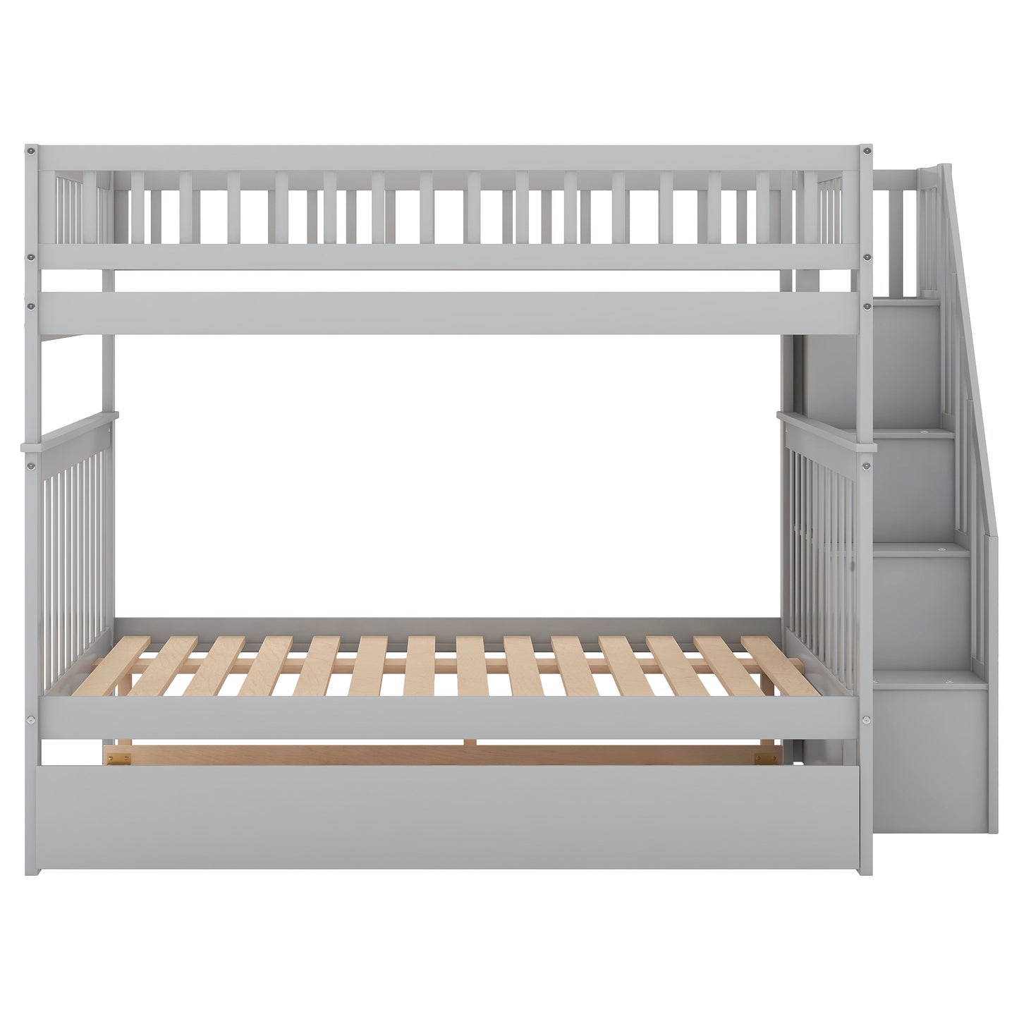 Gray Triple Sleeper Bunk Bed with Trundle and Staircase