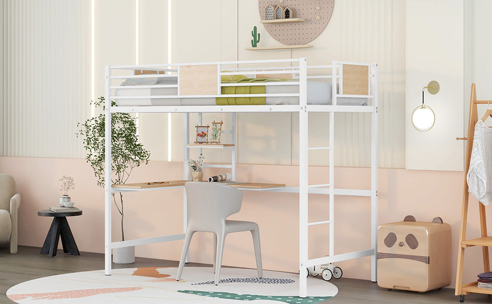 Twin Metal Loft Bed with Desk and Shelve,White