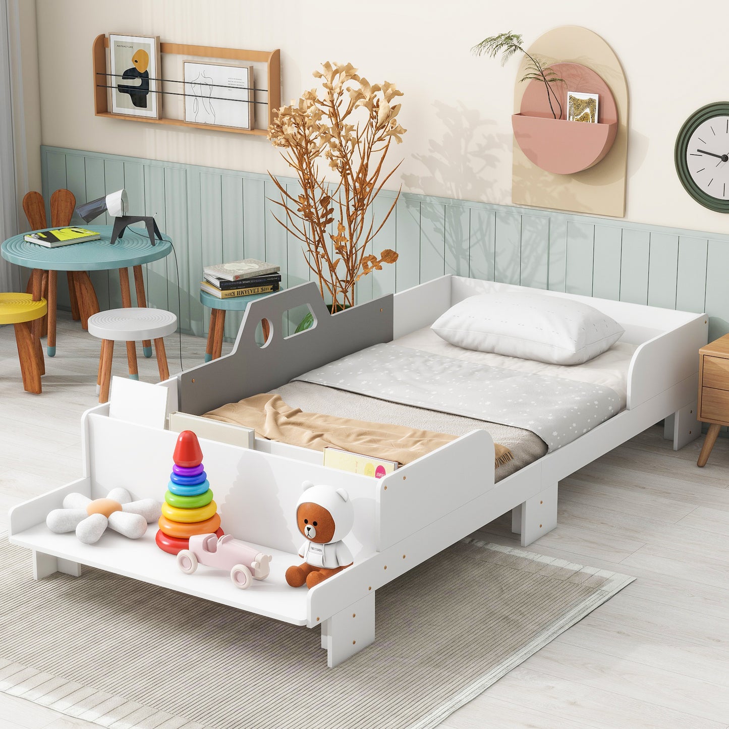 Car-Shaped Twin Bed with Bench,White