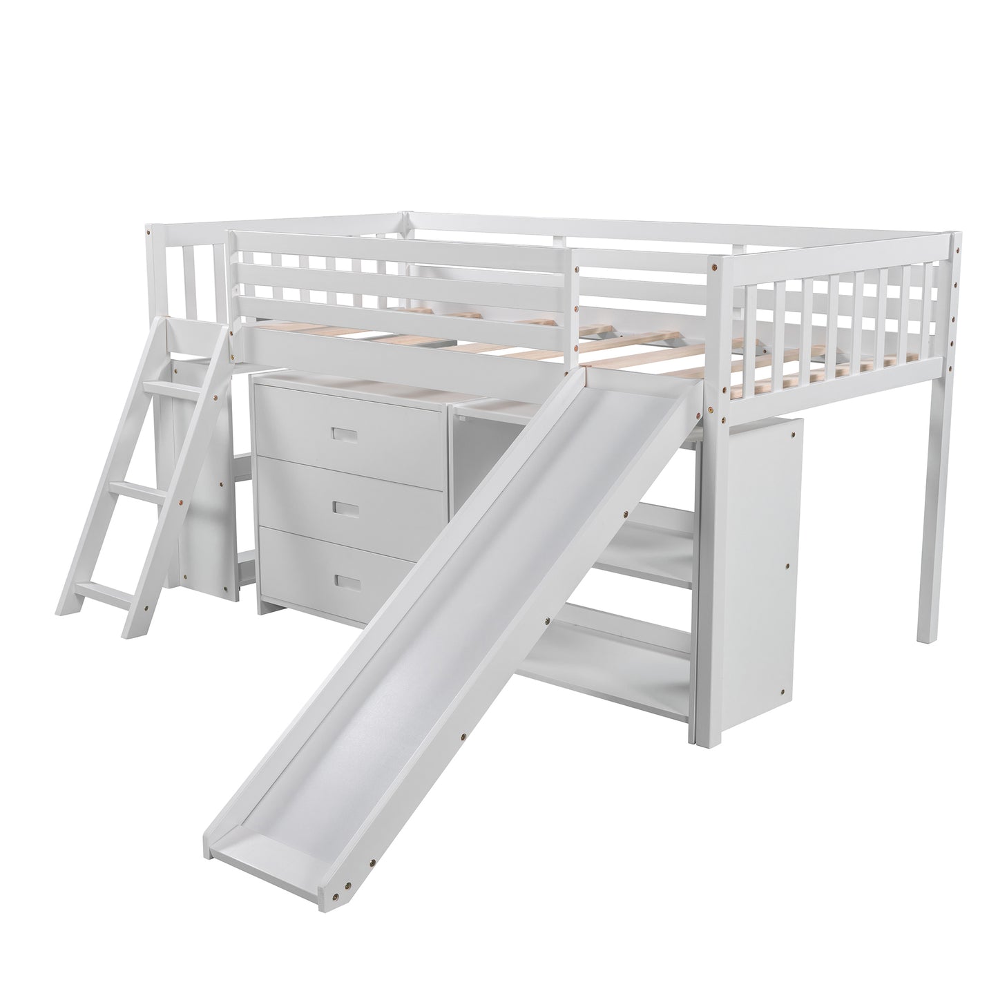 Low Loft Bed with Attached Bookcases and Separate 3-tier Drawers,Convertible Ladder and Slide,Twin,White