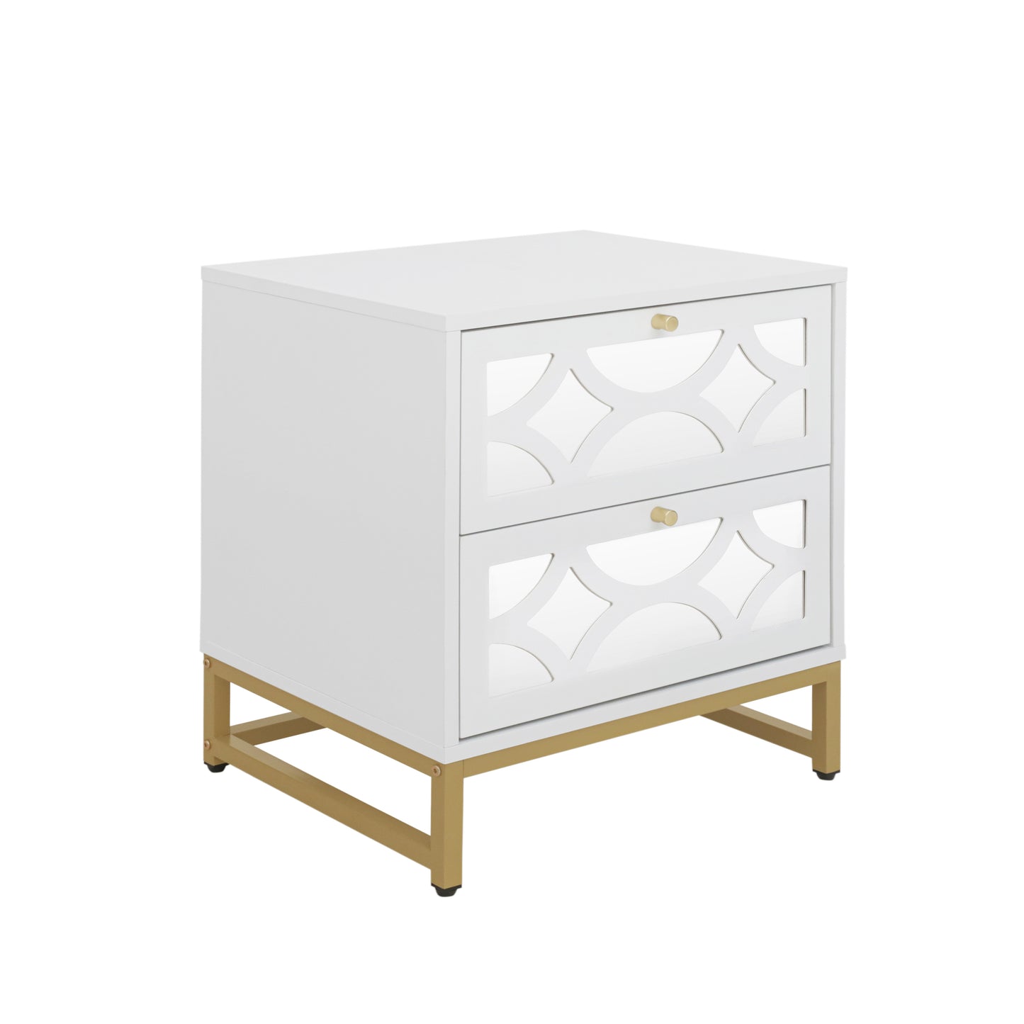 2 drawer nightstand,Small Bedside Table with 2 Drawers,White Mirrored Nightstand,with Gold Legs, Side Table with Storage for Bedroom, Living Room