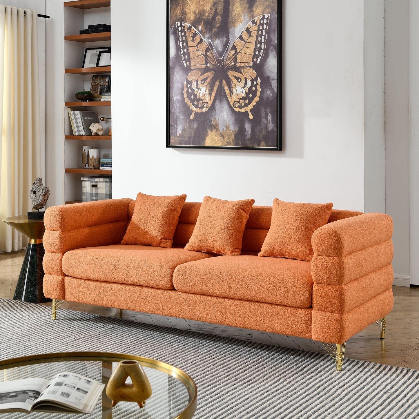 Oversized 3 Seater Sectional Sofa with Lumbar Pillows, Orange teddy, 81 Inch