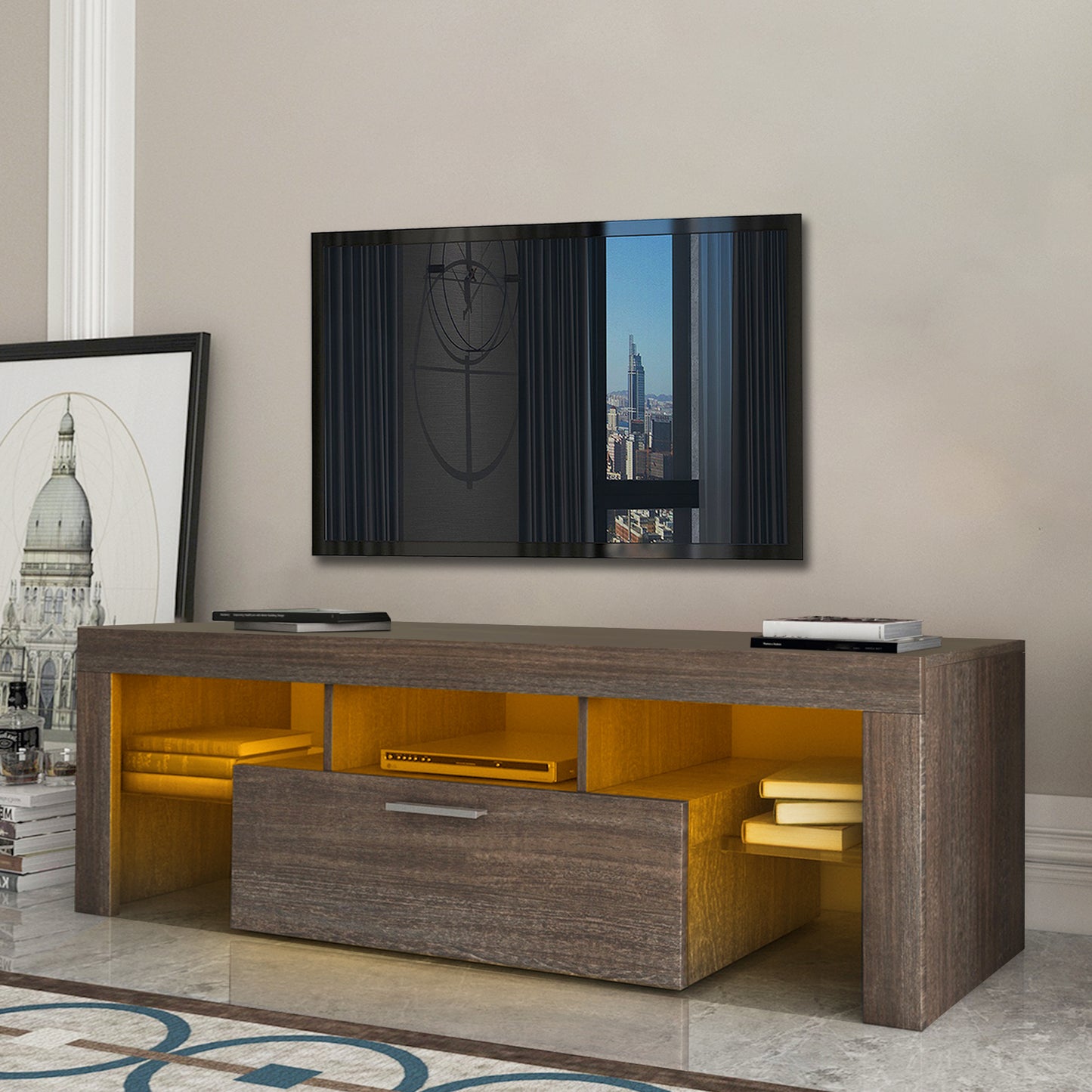 Quick Assembly Modern Brown TV Stand with LED Color Changing Lights and Toughened Glass Shelf