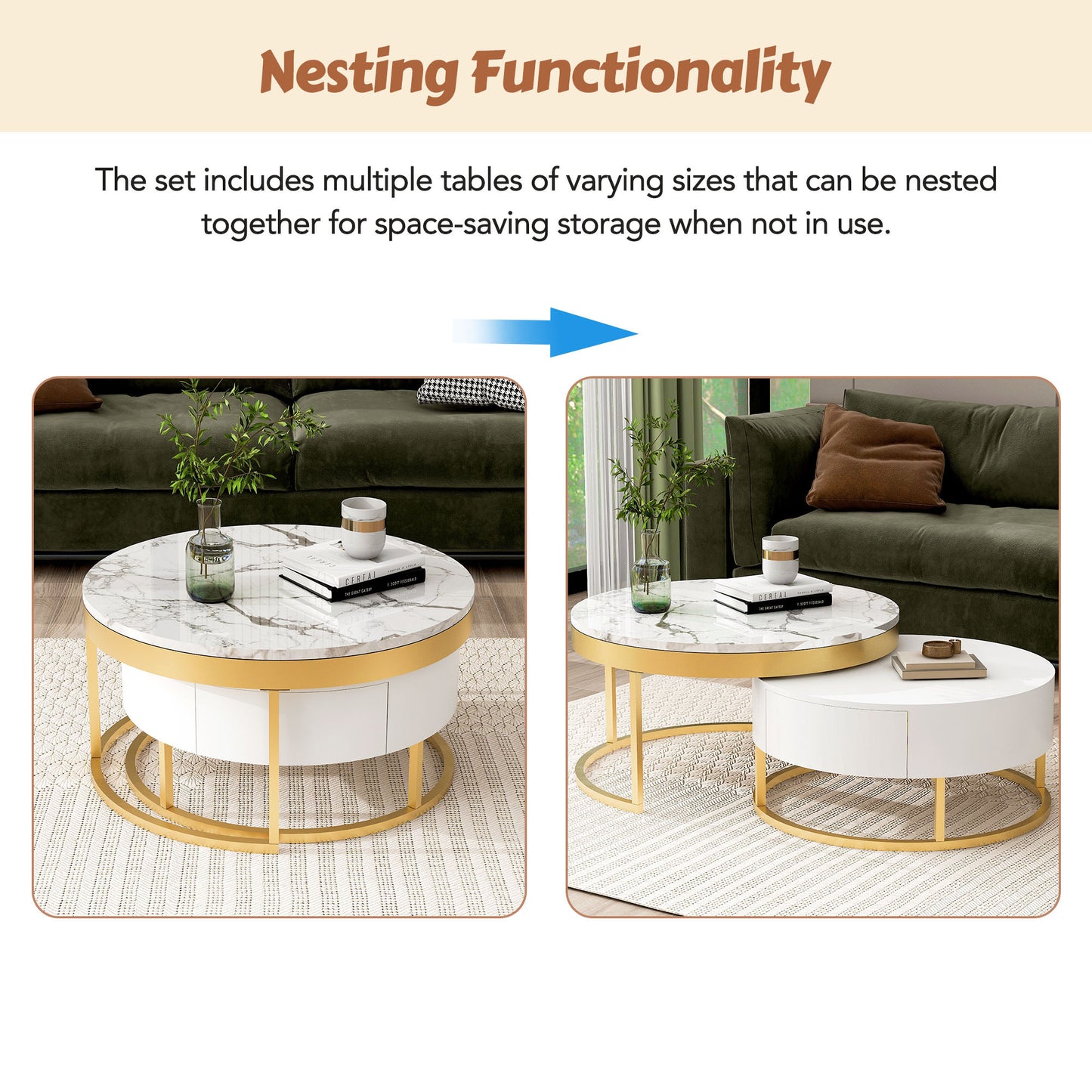 Contemporary White and Gold Nesting Coffee Table with Storage Drawers